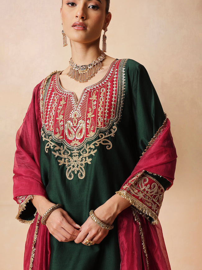 Women Green Embroidered Short Kurta With Farshi Salwar & Dupatta