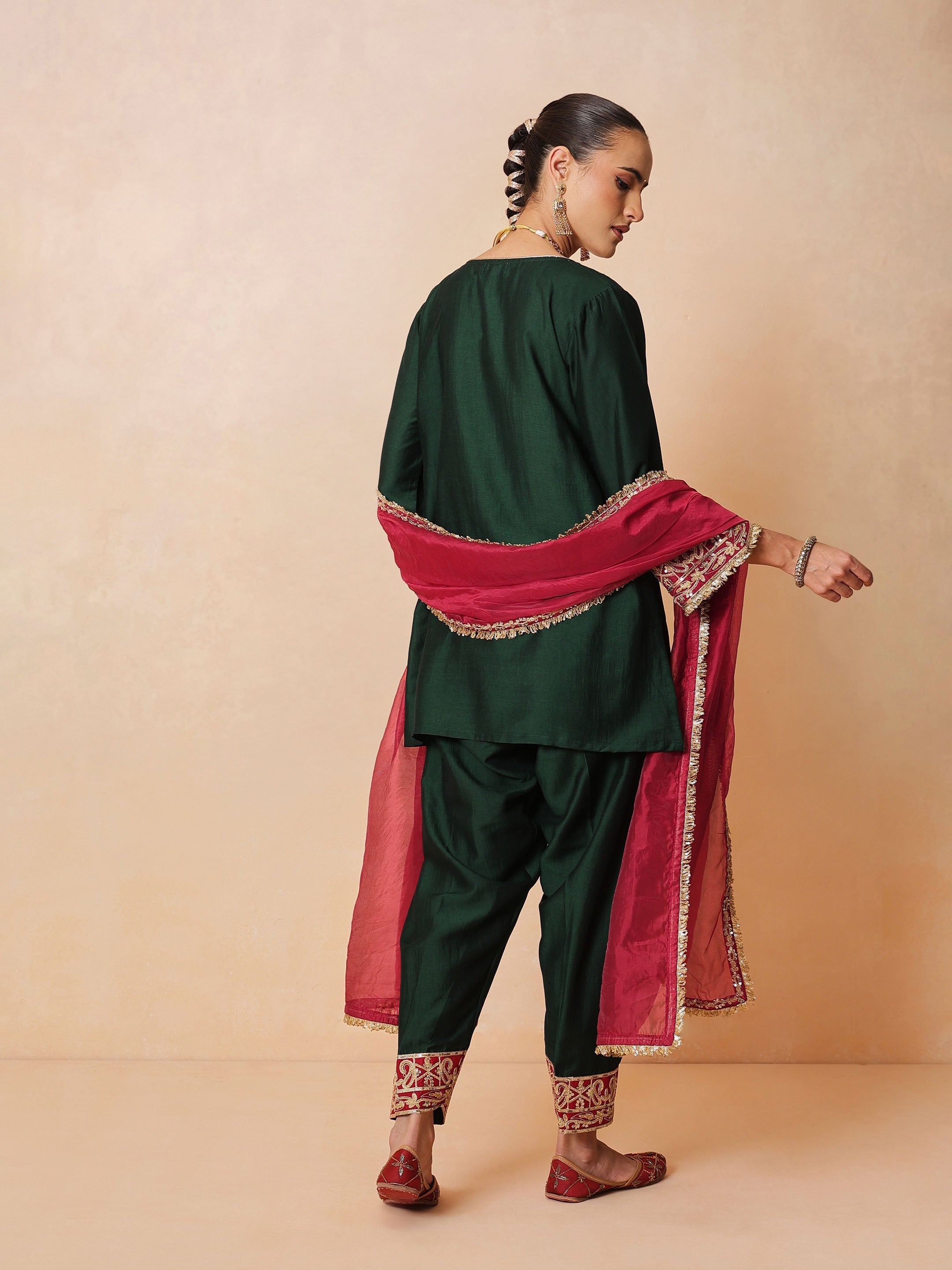 Women Green Embroidered Short Kurta With Farshi Salwar & Dupatta