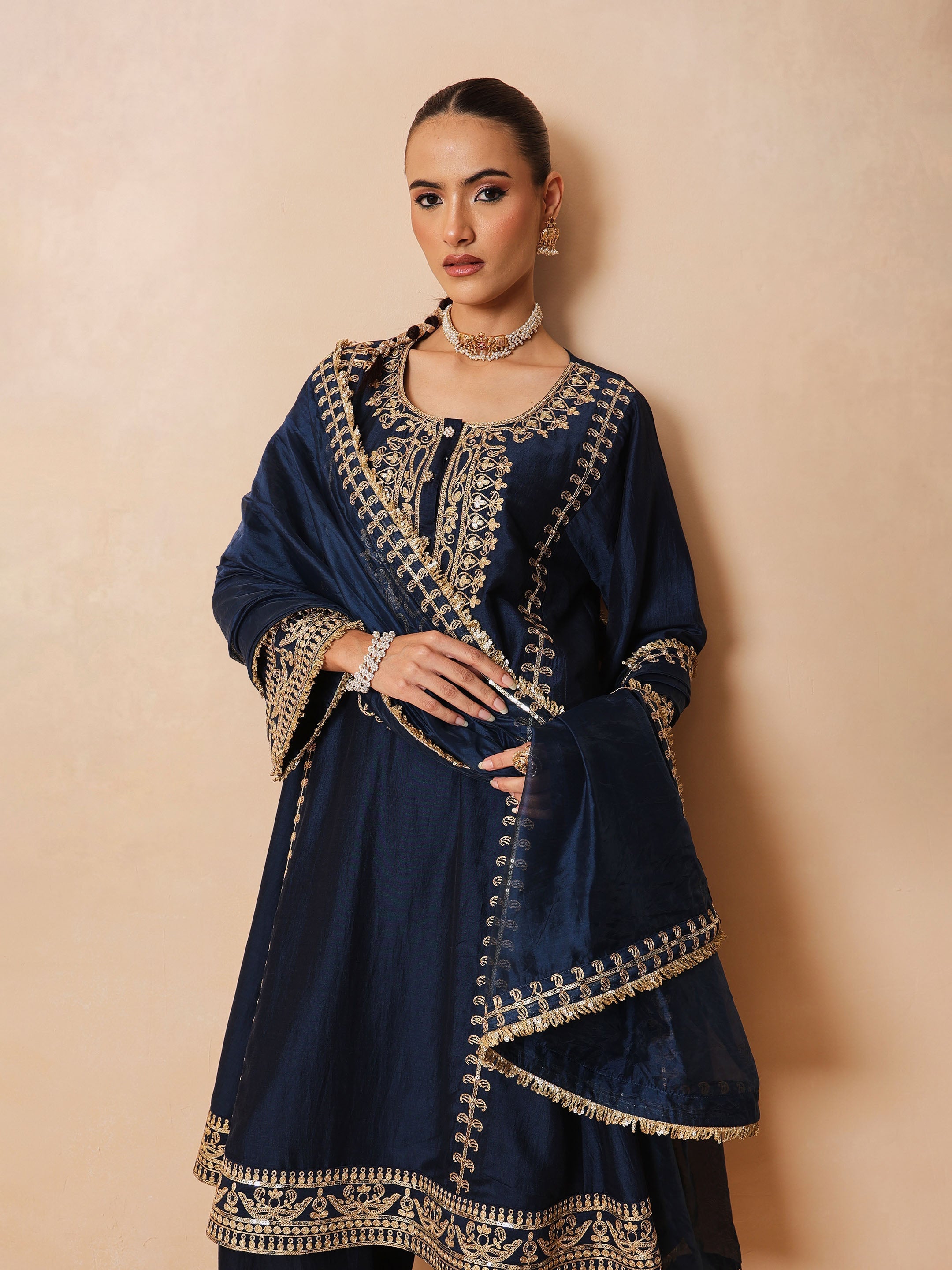 Women Navy Embroidered Choga Kurta With Straight Pant & Dupatta