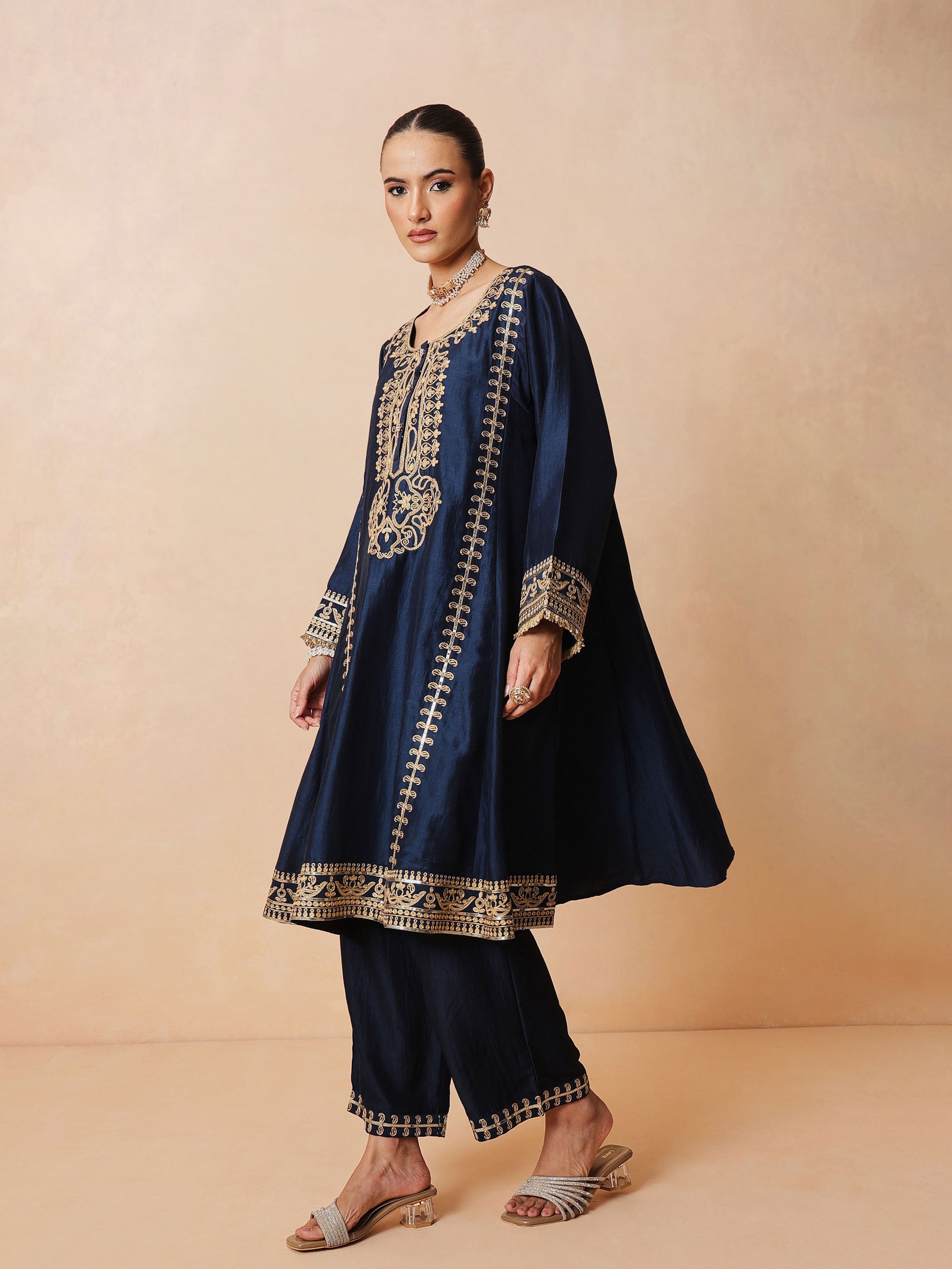 Women Navy Embroidered Choga Kurta With Straight Pant & Dupatta