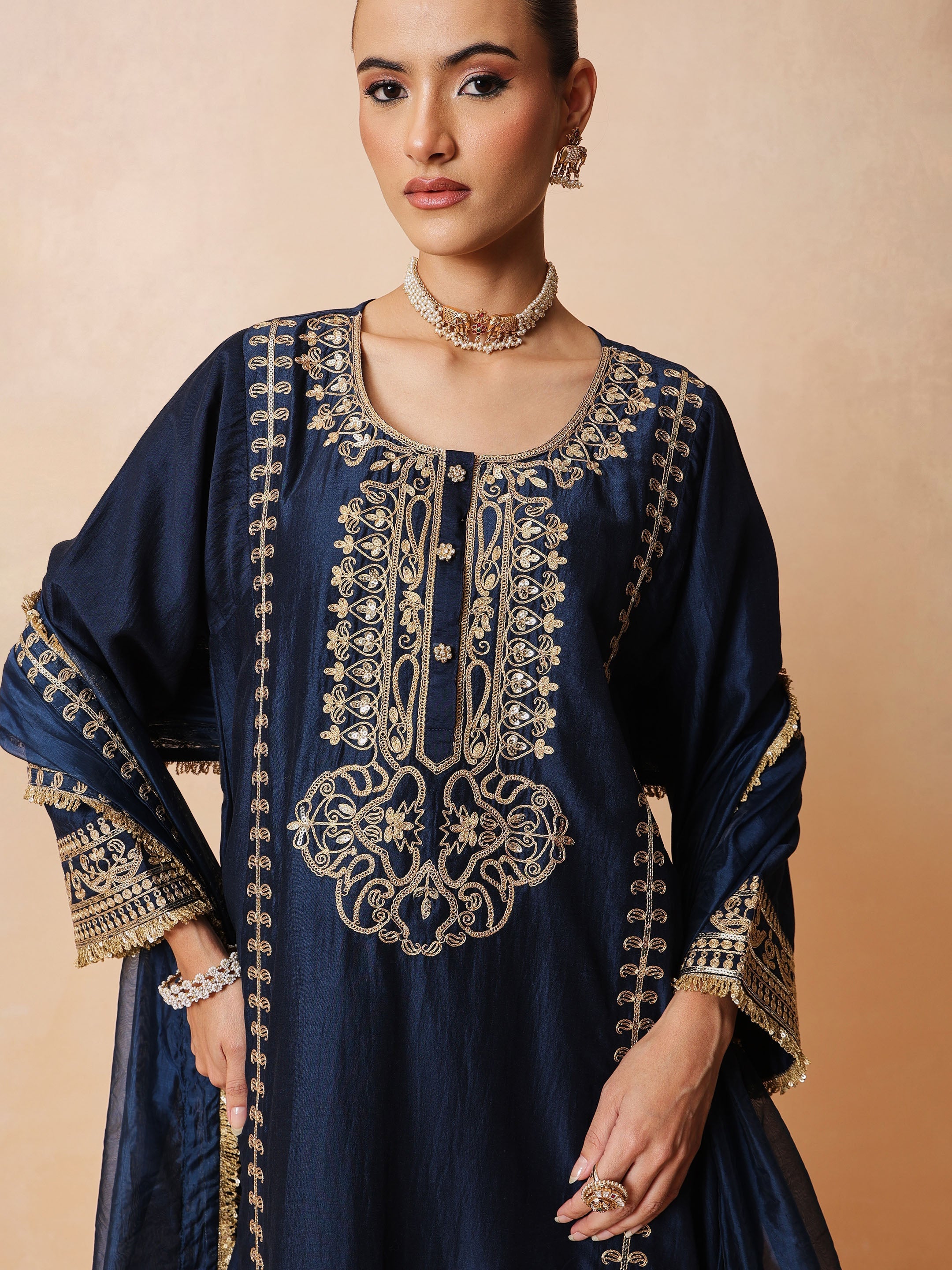 Women Navy Embroidered Choga Kurta With Straight Pant & Dupatta