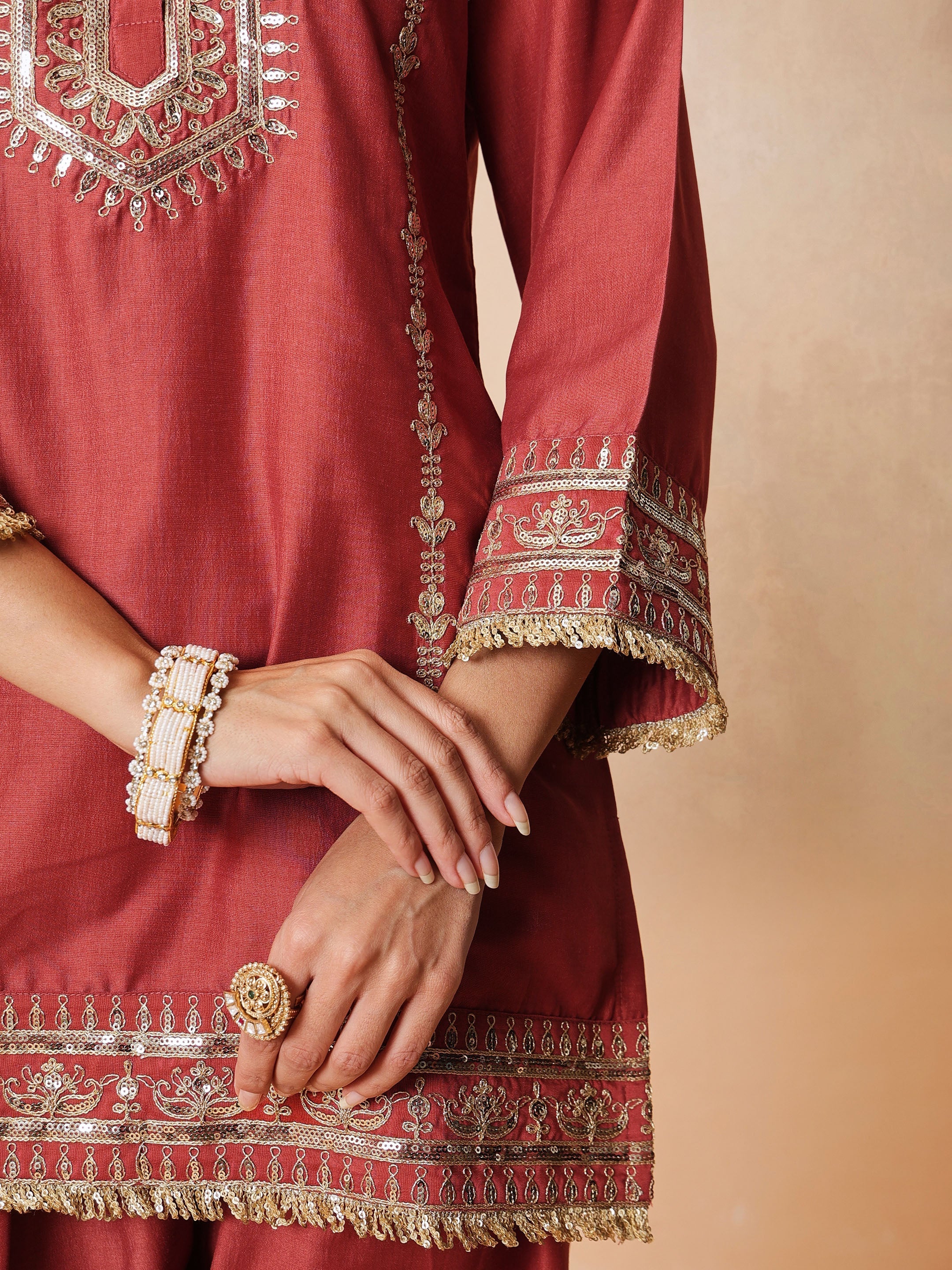 Women Rust Embroidered Short Kurta With Farshi Salwar & Dupatta