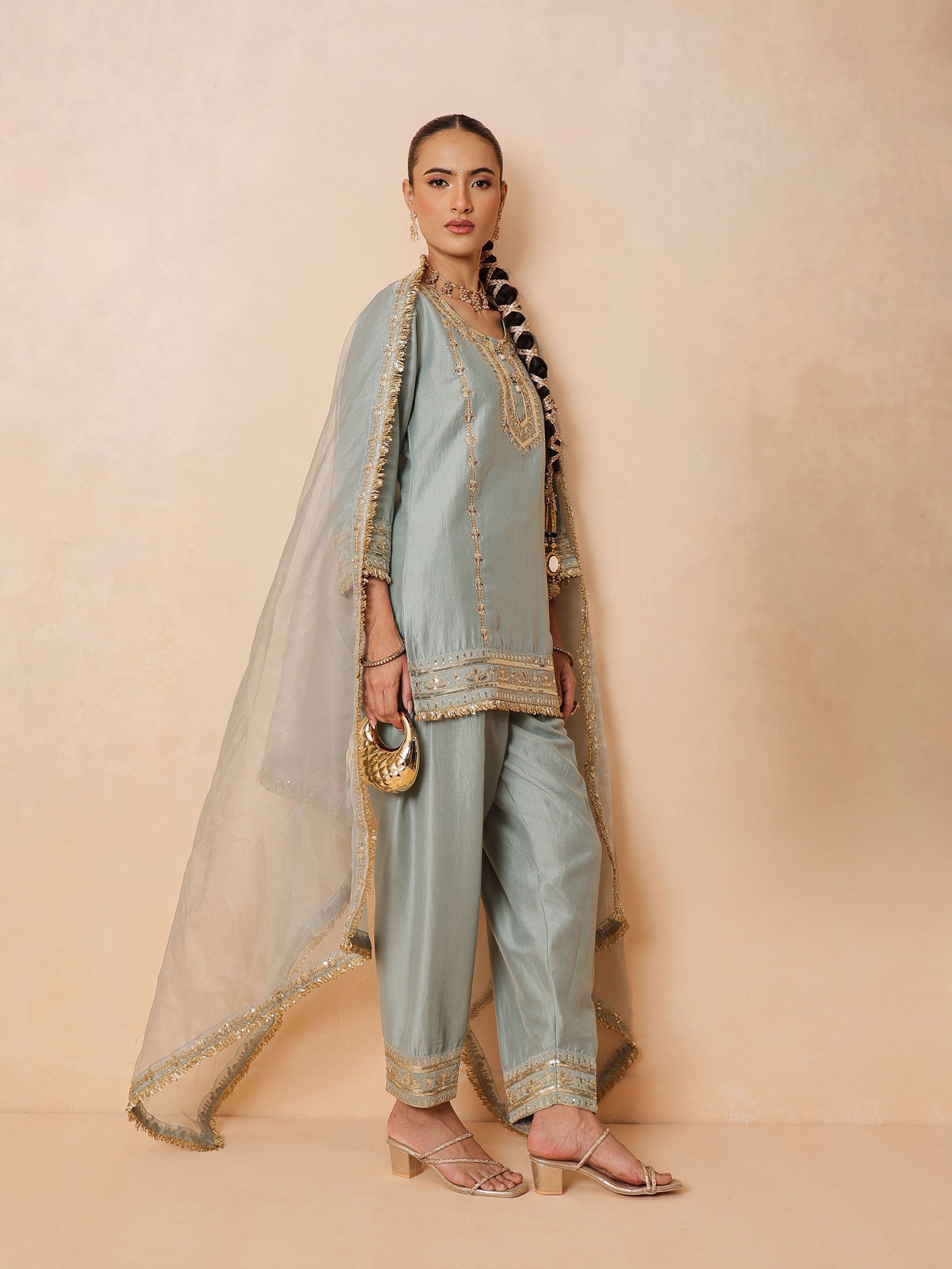 Women Pista Green Embroidered Short Kurta With Farshi Salwar & Dupatta