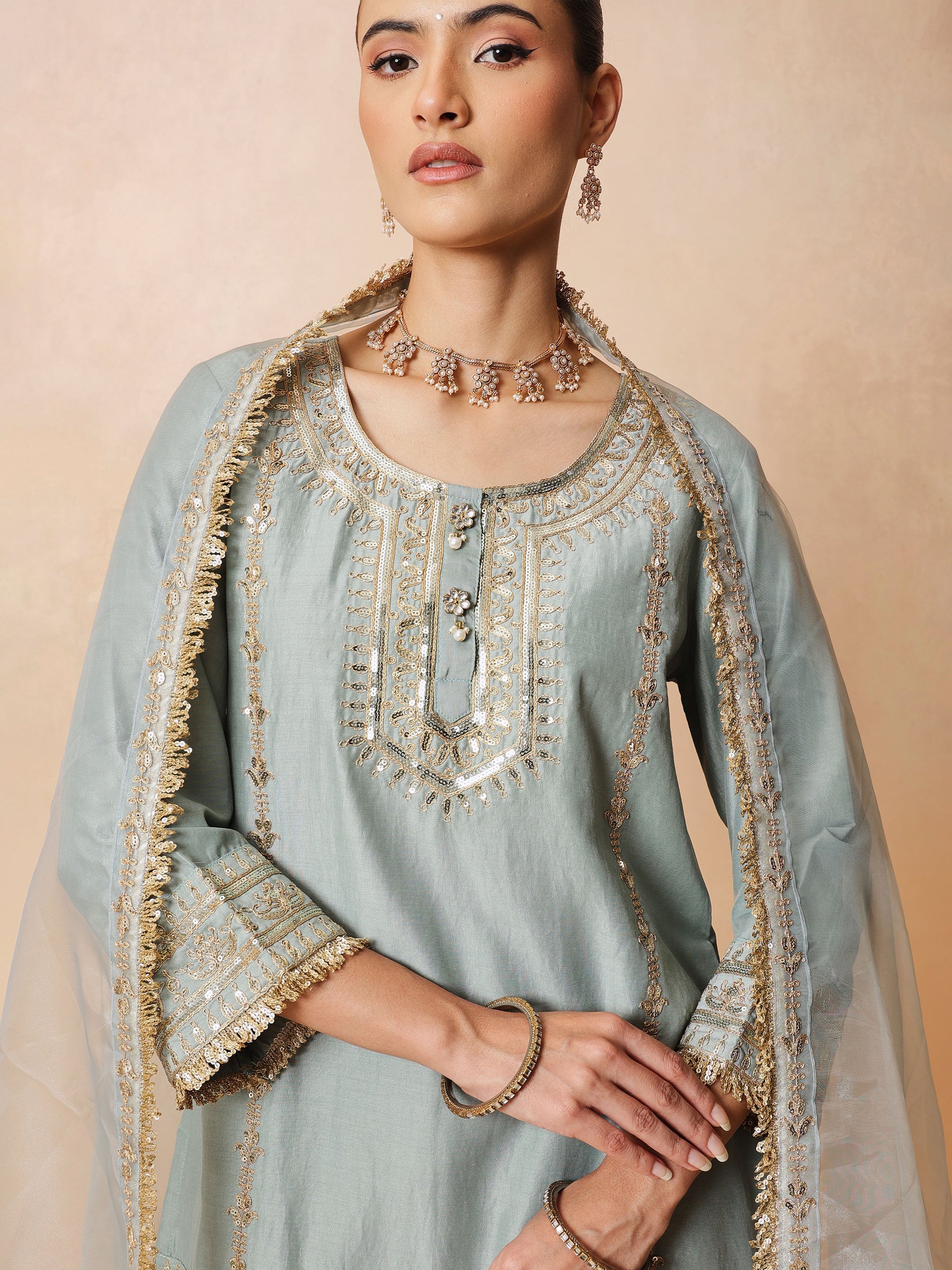 Women Pista Green Embroidered Short Kurta With Farshi Salwar & Dupatta