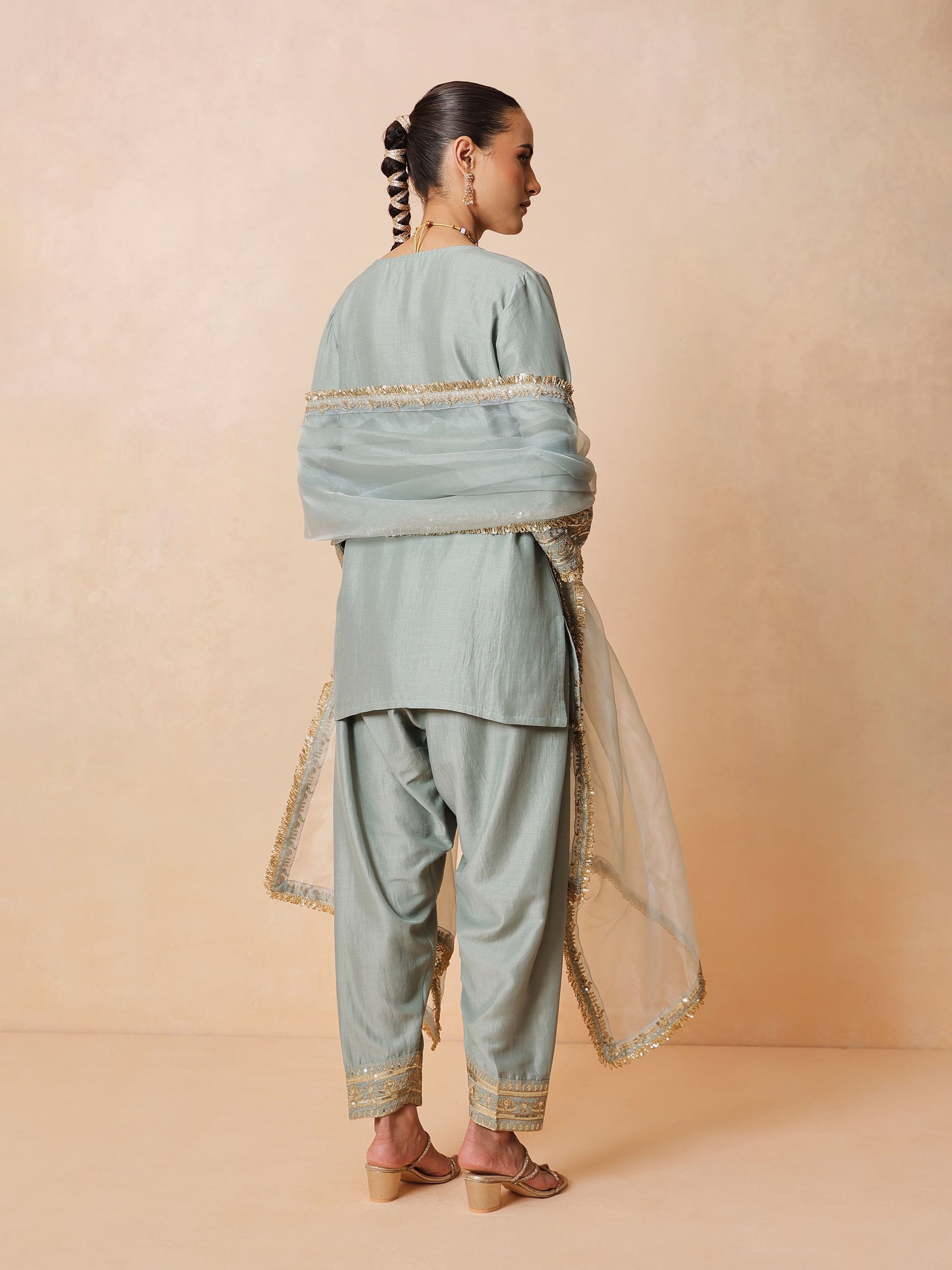 Women Pista Green Embroidered Short Kurta With Farshi Salwar & Dupatta