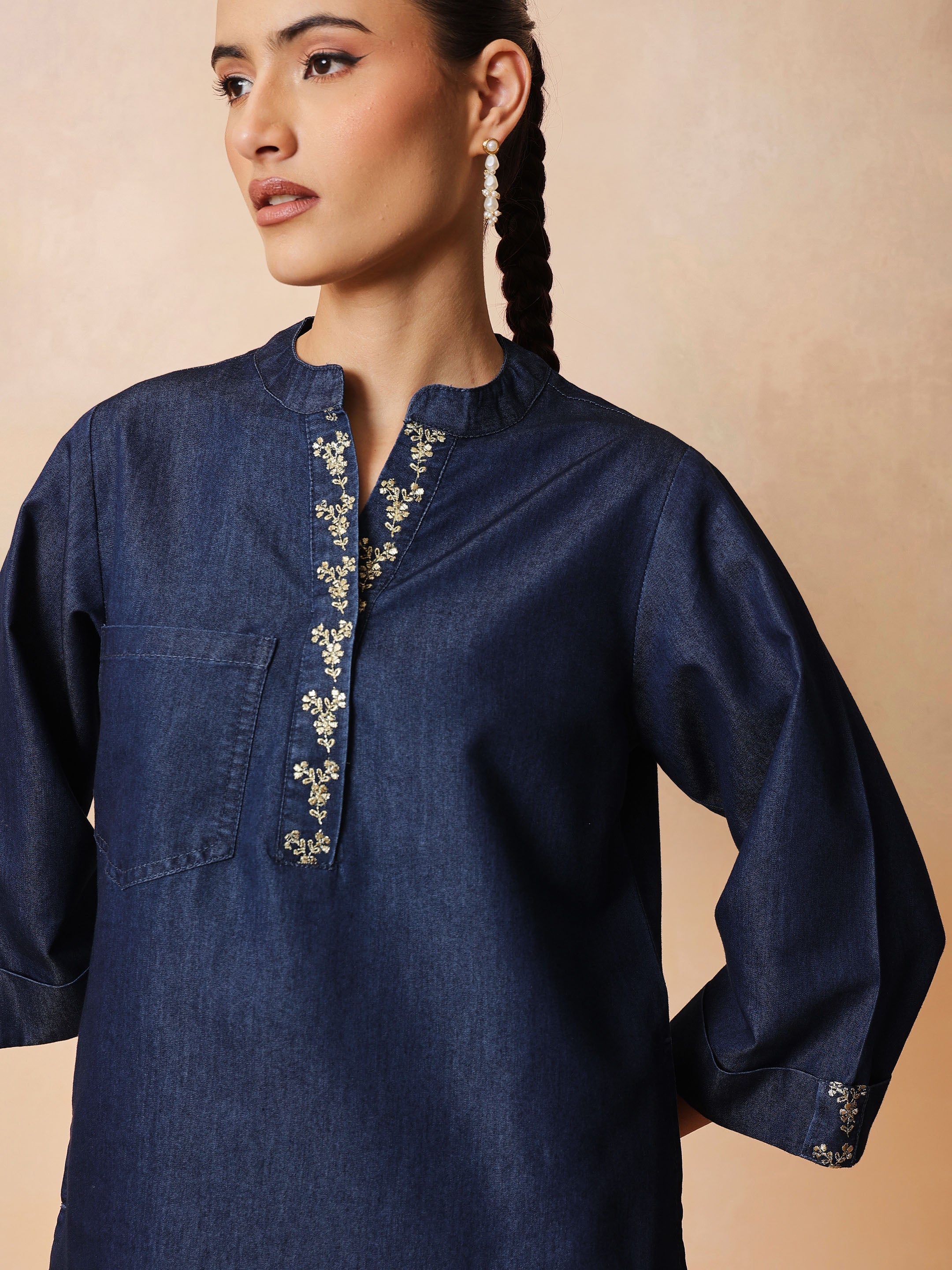 Women Navy Embroidered Short Kurta With Straight Pants