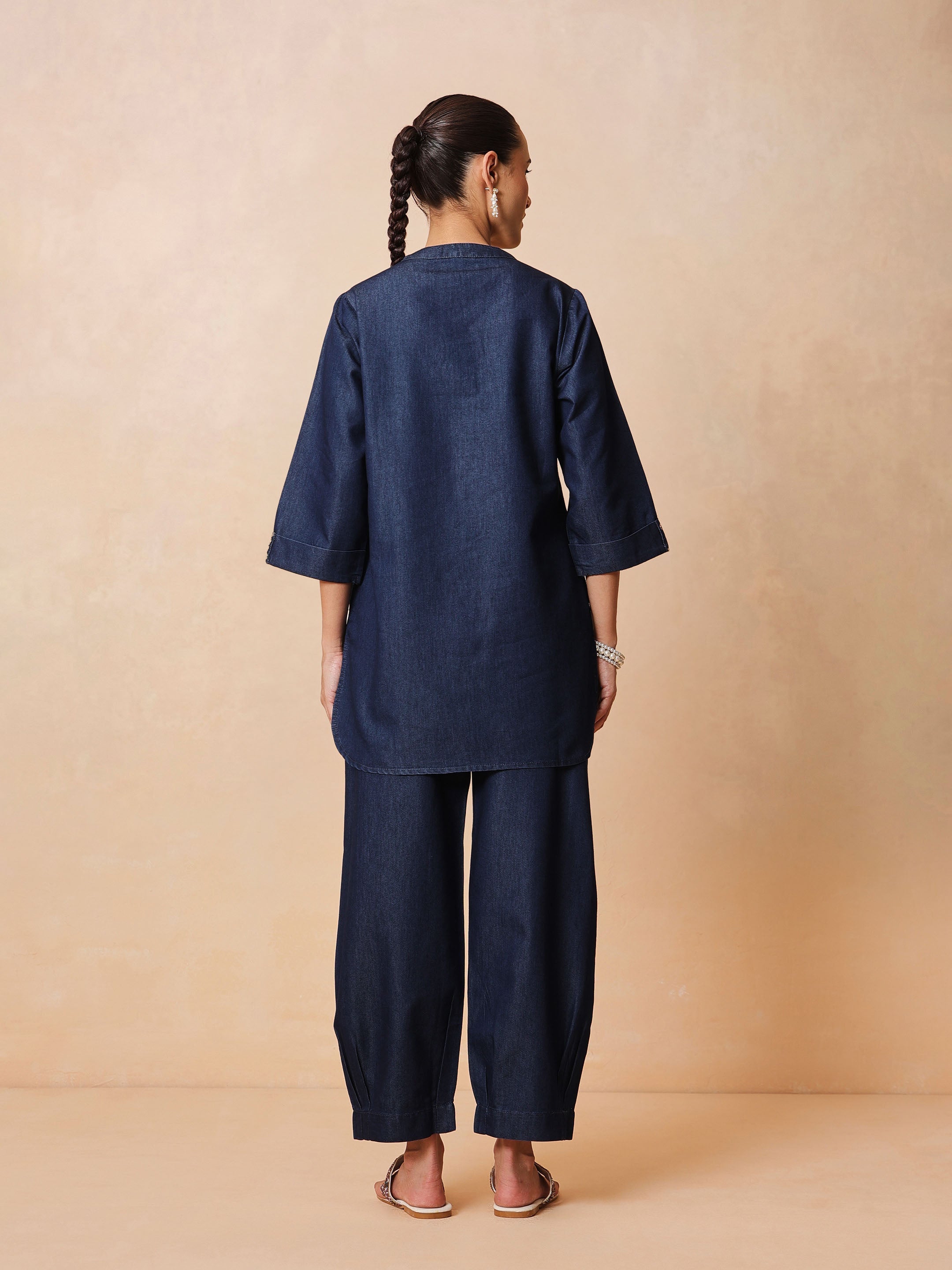 Women Navy Embroidered Short Kurta With Straight Pants