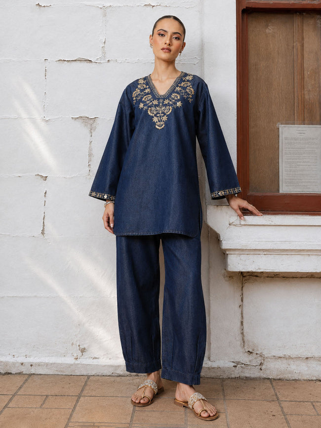 Women Navy Glass Neck Embroidered Short Kurta With Straight Pants
