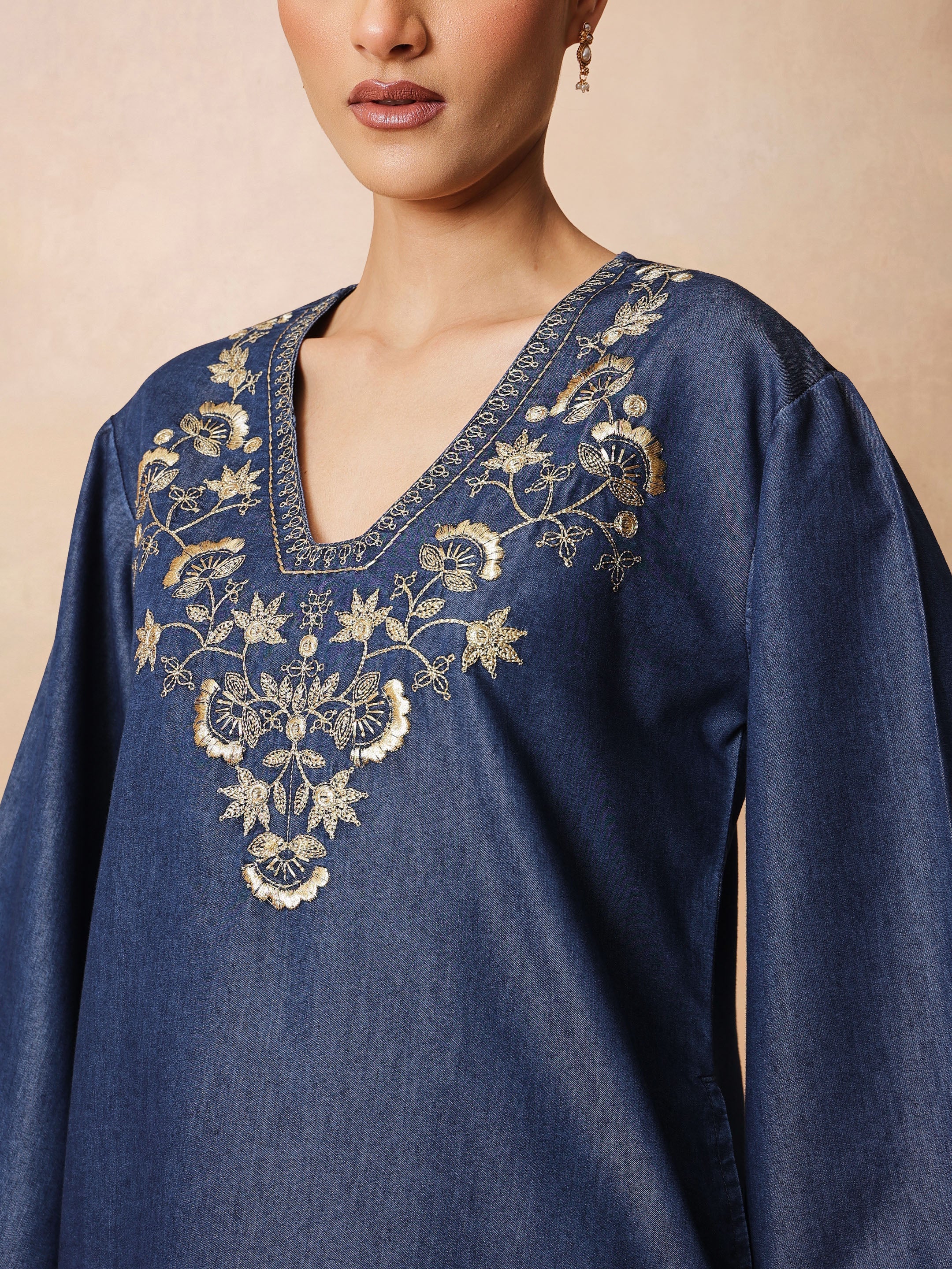 Women Navy Glass Neck Embroidered Short Kurta With Straight Pants