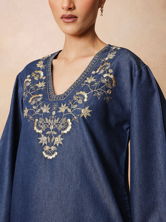Women Navy Glass Neck Embroidered Short Kurta With Straight Pants