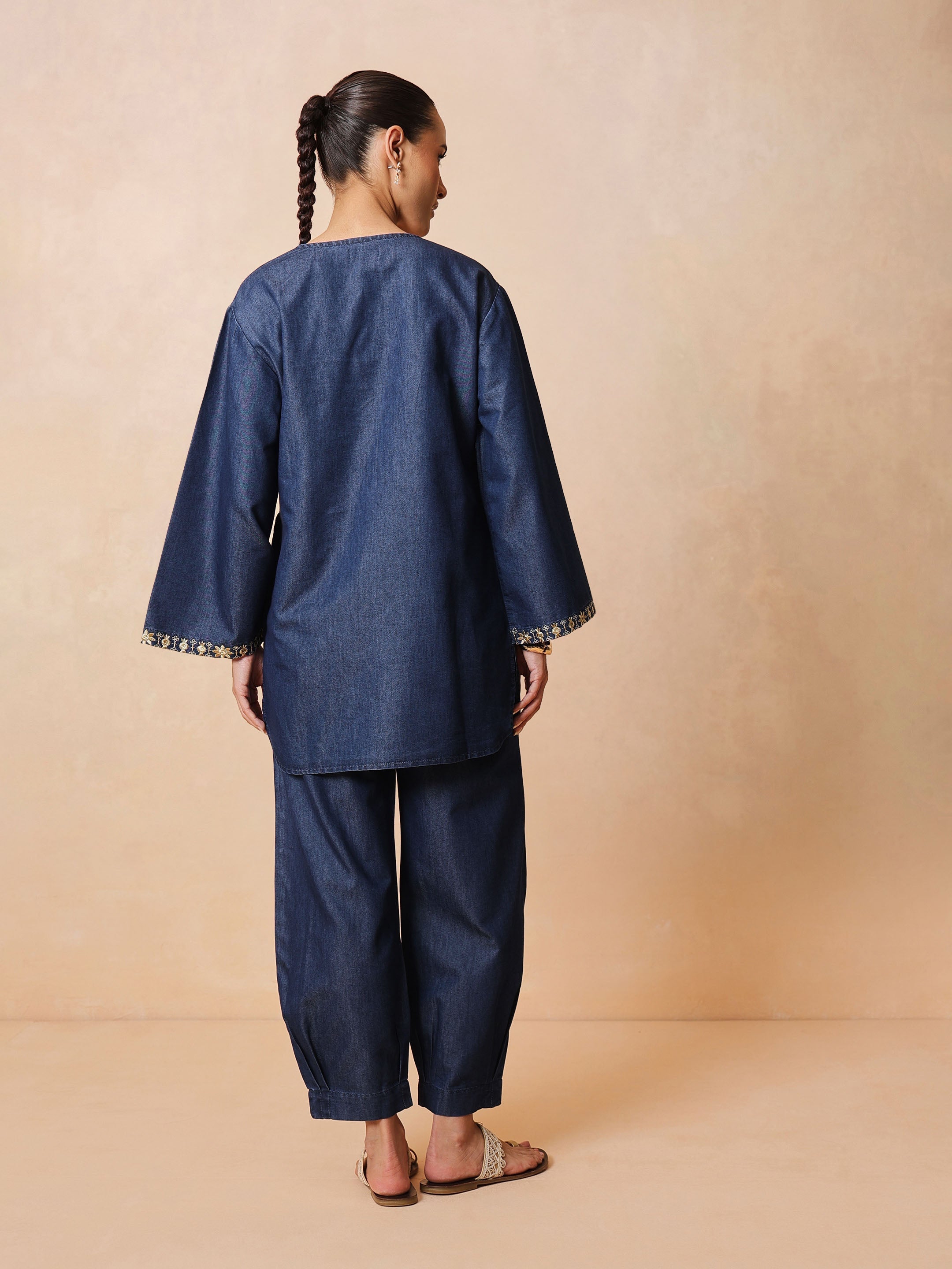 Women Navy Glass Neck Embroidered Short Kurta With Straight Pants
