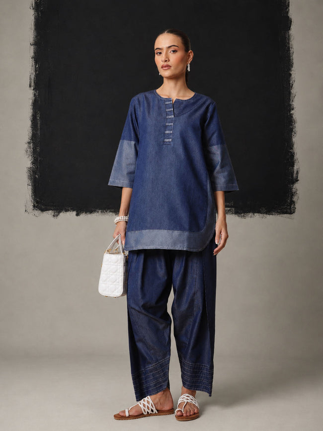 Women Navy Colour Block Short Kurta With Farshi Salwar