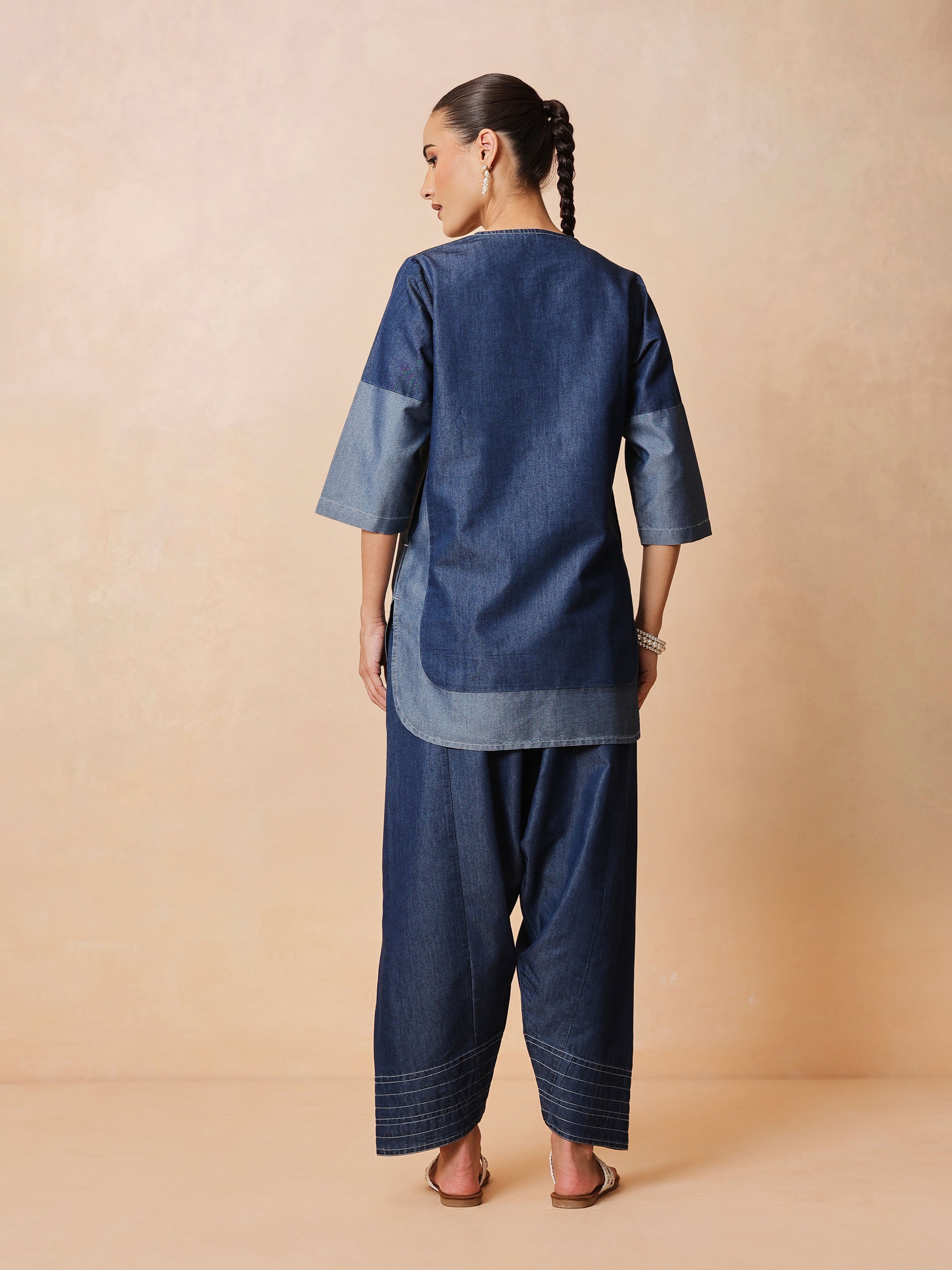 Women Navy Colour Block Short Kurta With Farshi Salwar