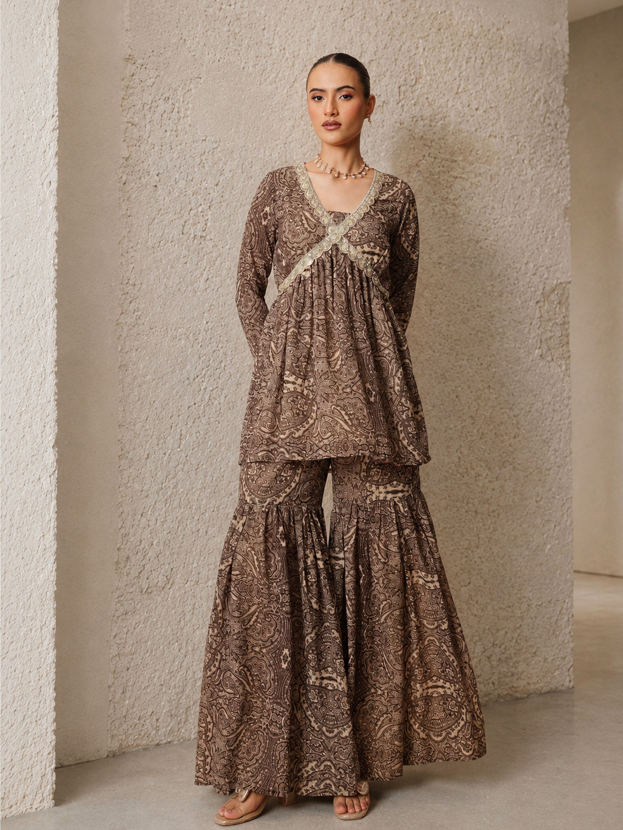 Women Brown & Beige Peplum Top With Sharara Pants