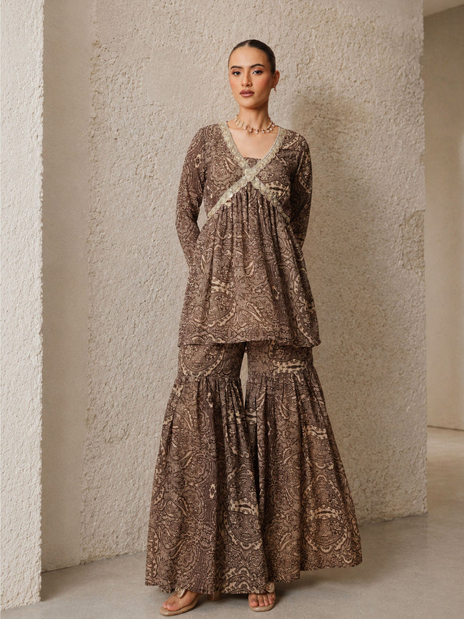 Women Brown & Beige Peplum Top With Sharara Pants