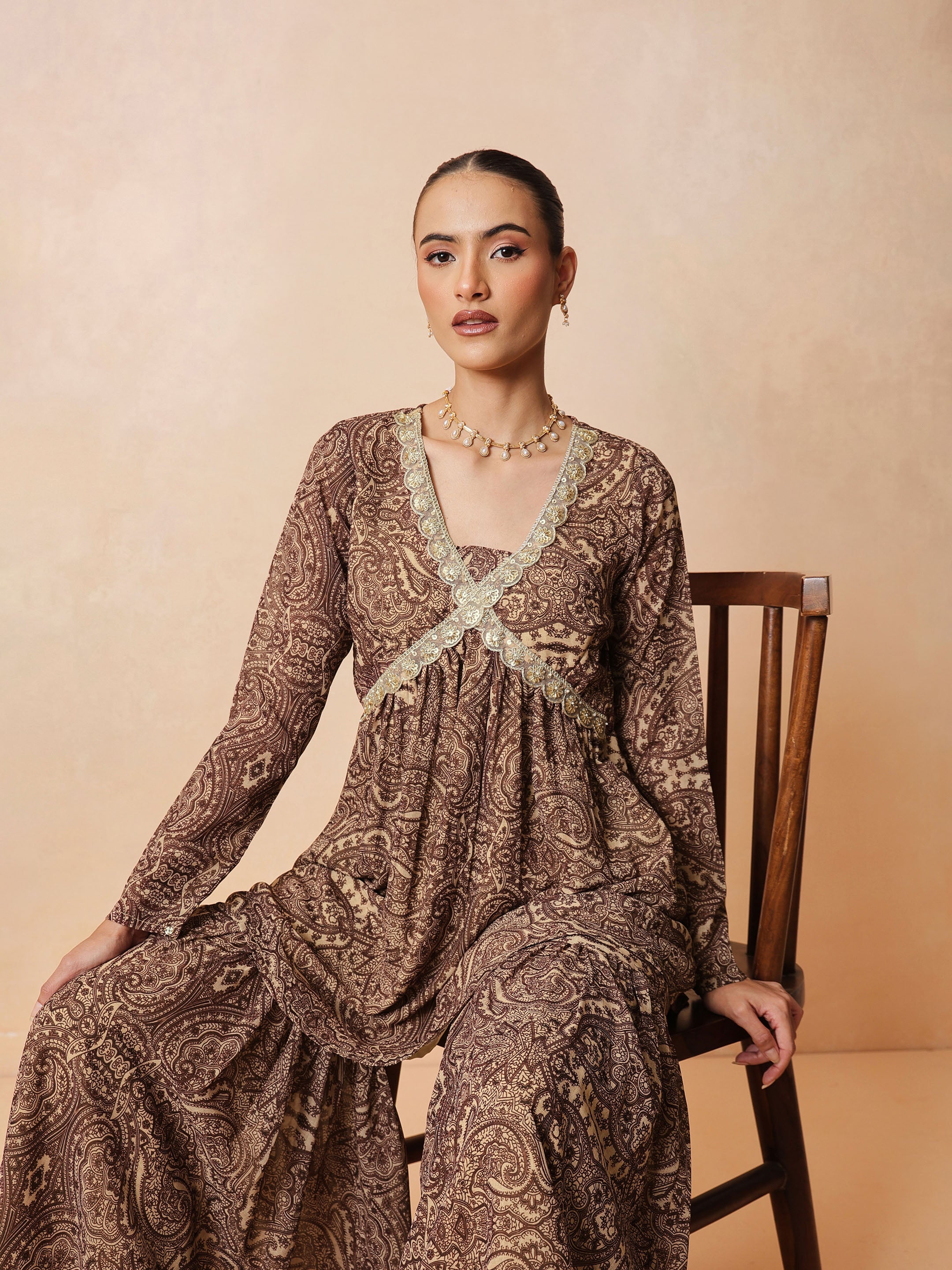 Women Brown & Beige Peplum Top With Sharara Pants