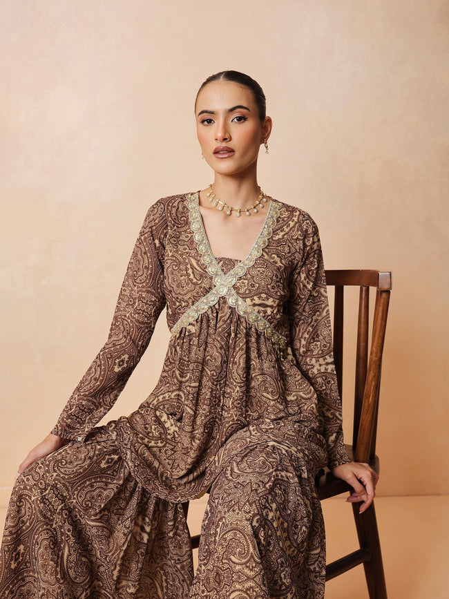 Women Brown & Beige Peplum Top With Sharara Pants