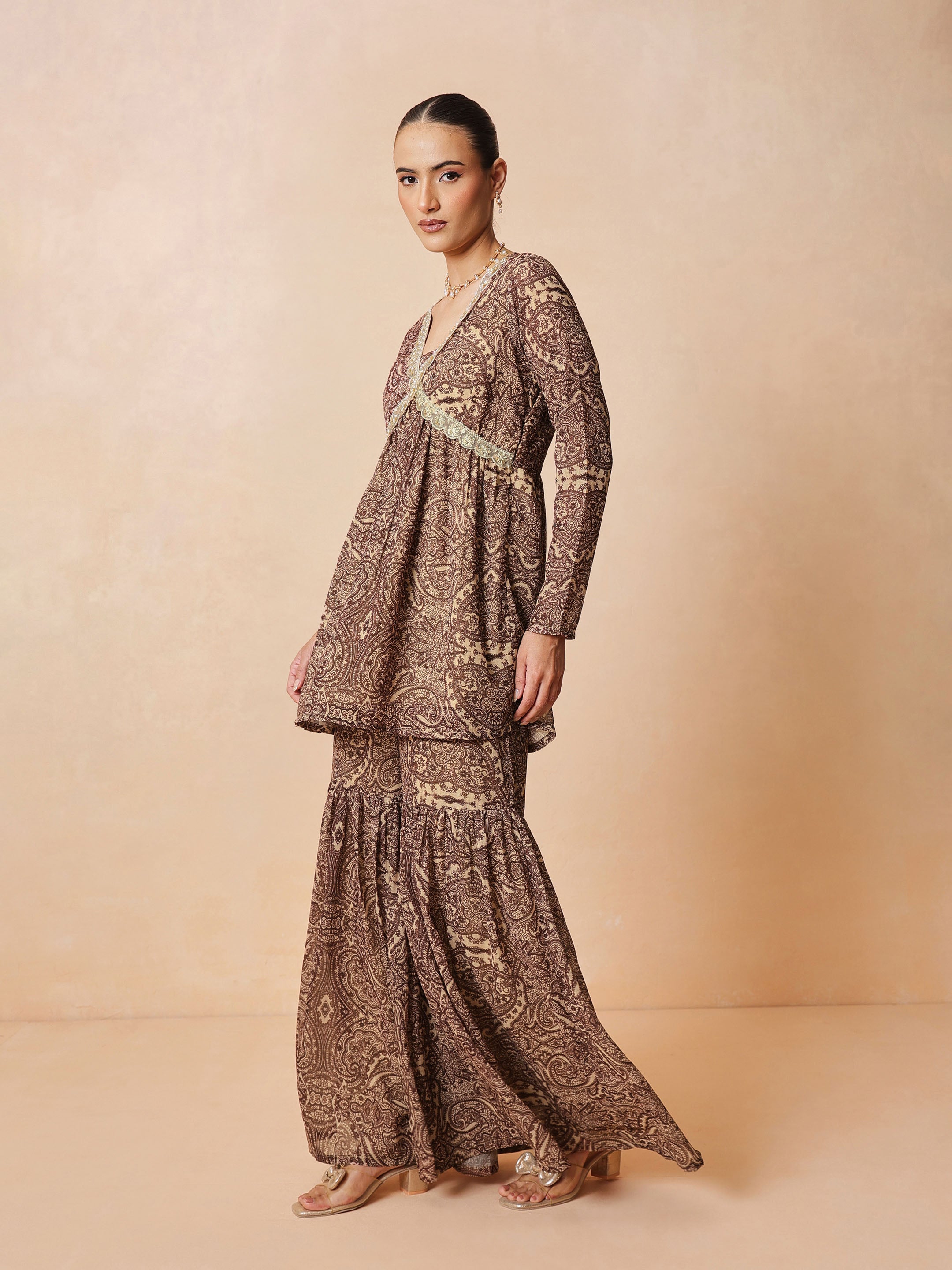 Women Brown & Beige Peplum Top With Sharara Pants