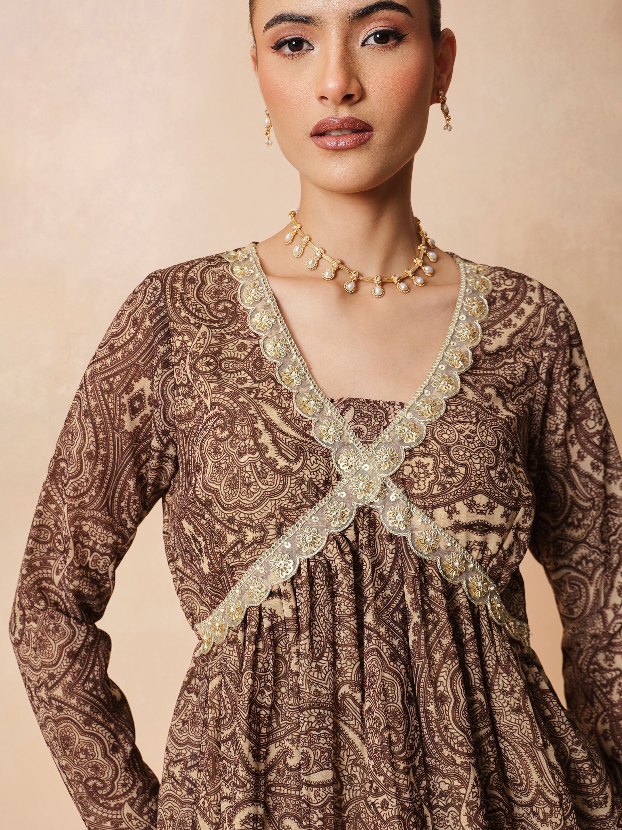 Women Brown & Beige Peplum Top With Sharara Pants
