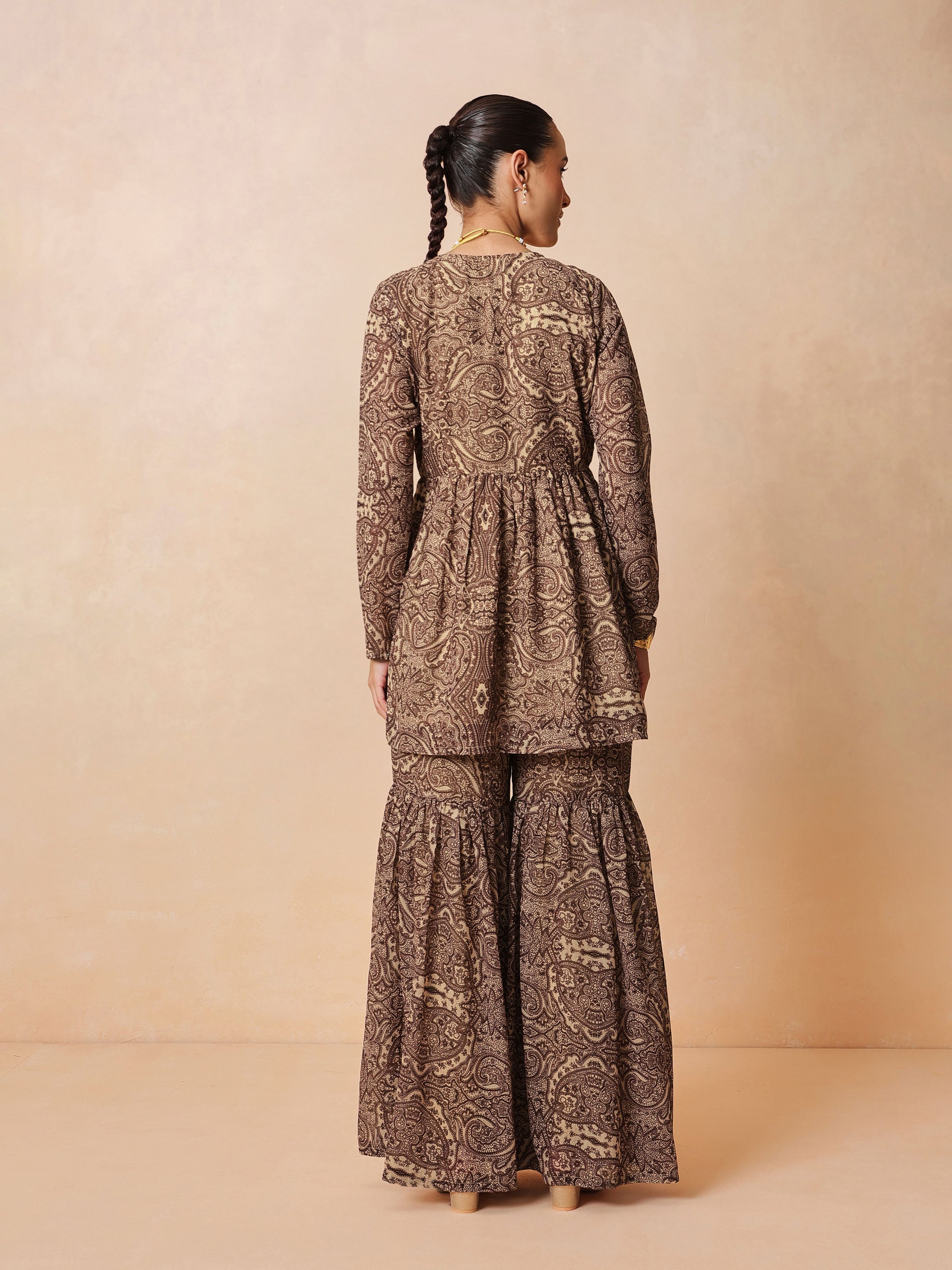 Women Brown & Beige Peplum Top With Sharara Pants