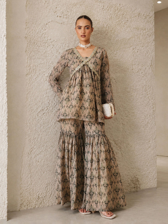 Women Beige & Olive Peplum Top With Sharara Pants