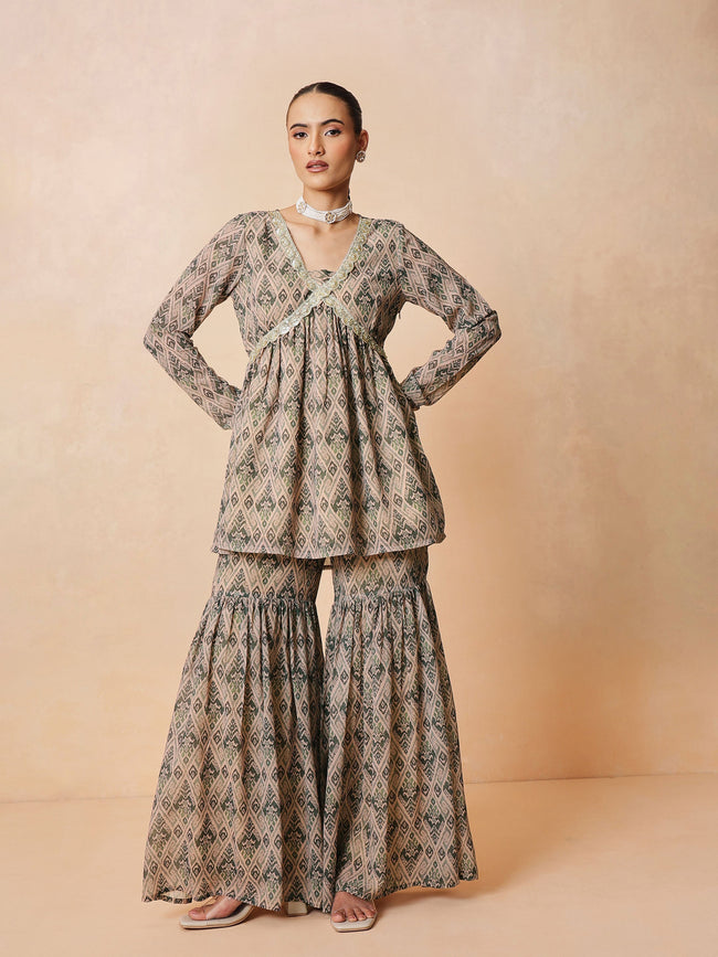 Women Beige & Olive Peplum Top With Sharara Pants