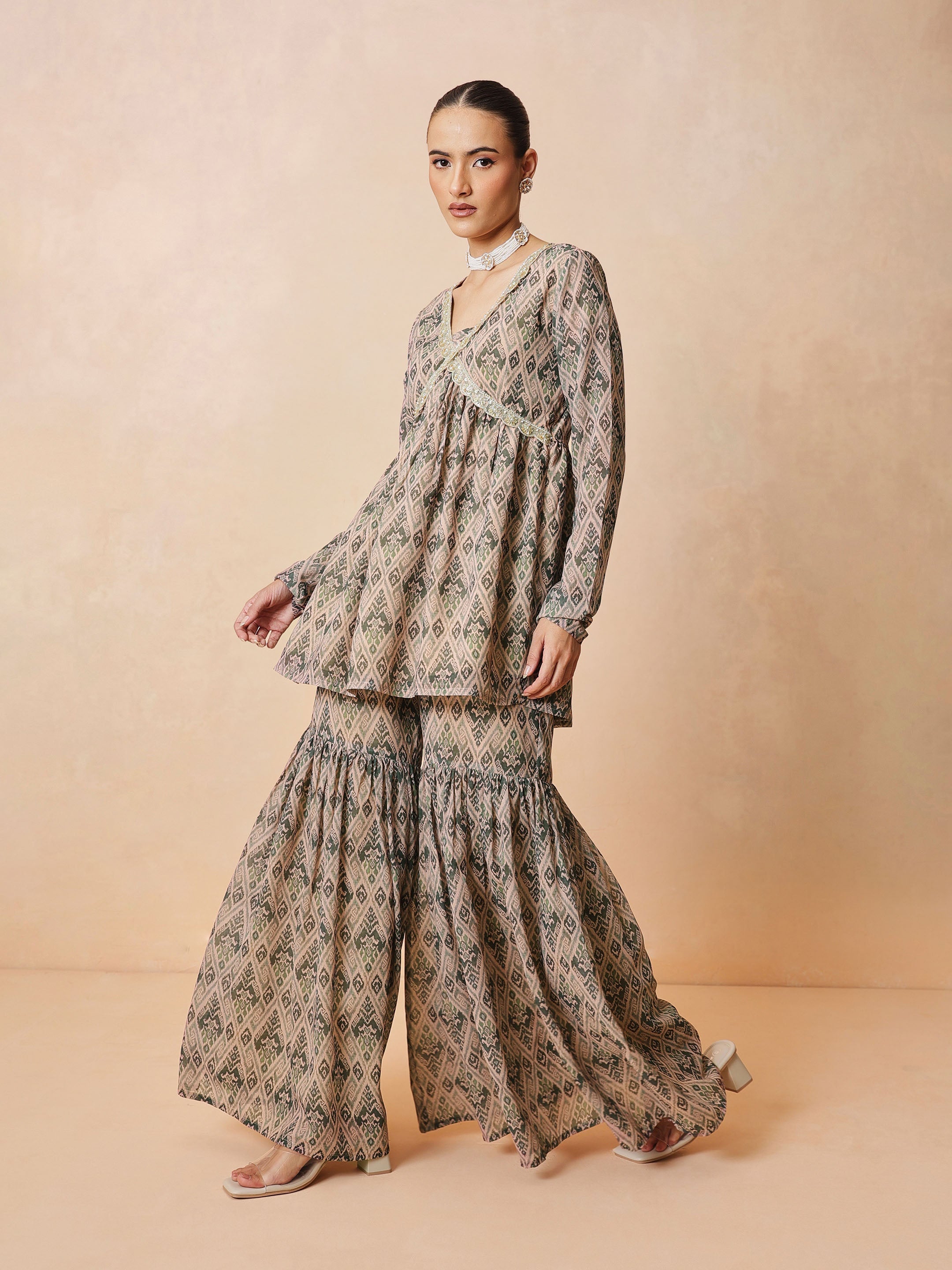 Women Beige & Olive Peplum Top With Sharara Pants