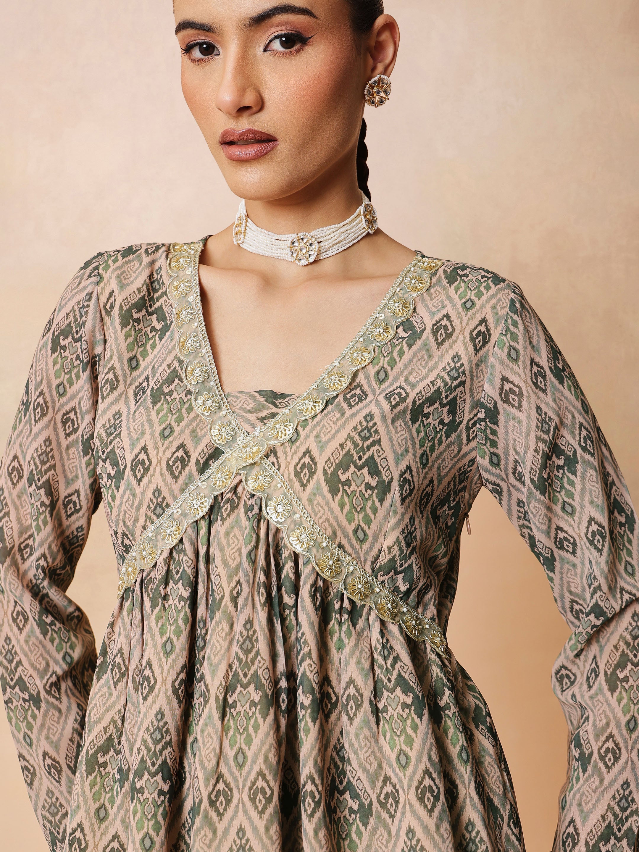 Women Beige & Olive Peplum Top With Sharara Pants