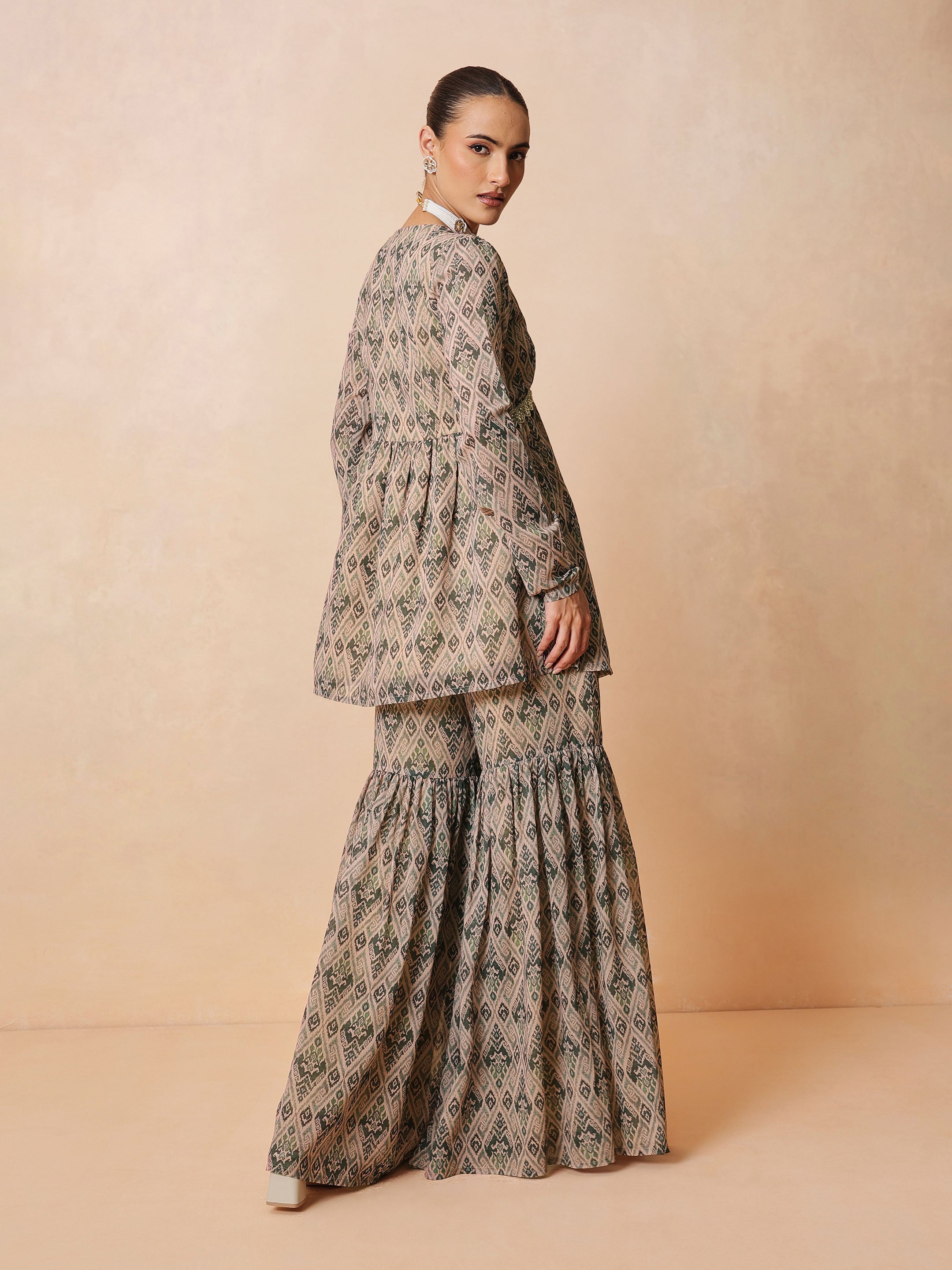 Women Beige & Olive Peplum Top With Sharara Pants