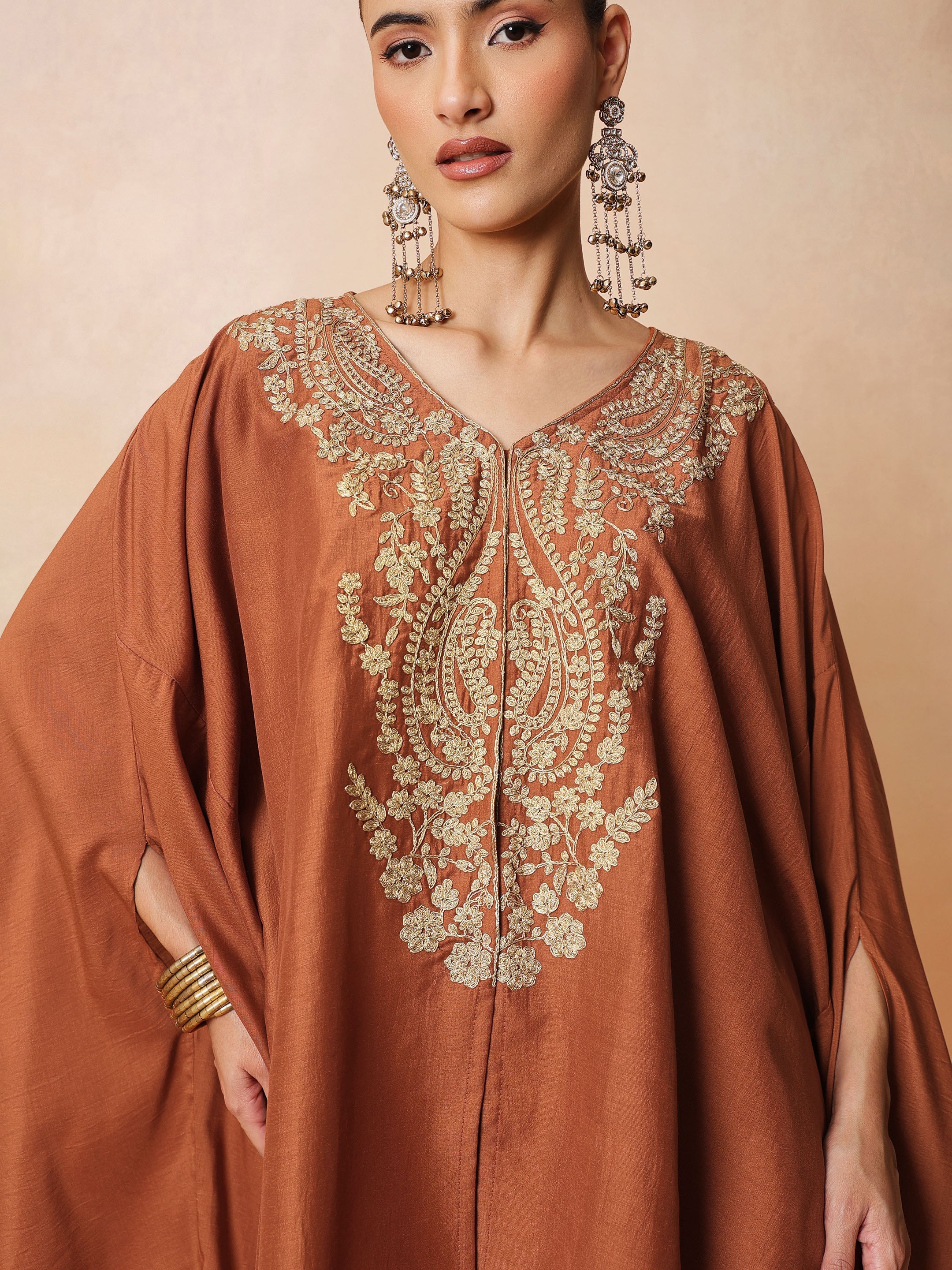 Women Rust Embroidered Kaftan With Flared Pants