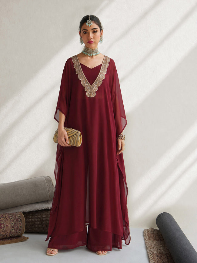 Women Maroon Embroidered Kaftan With Cami & Straight Pants