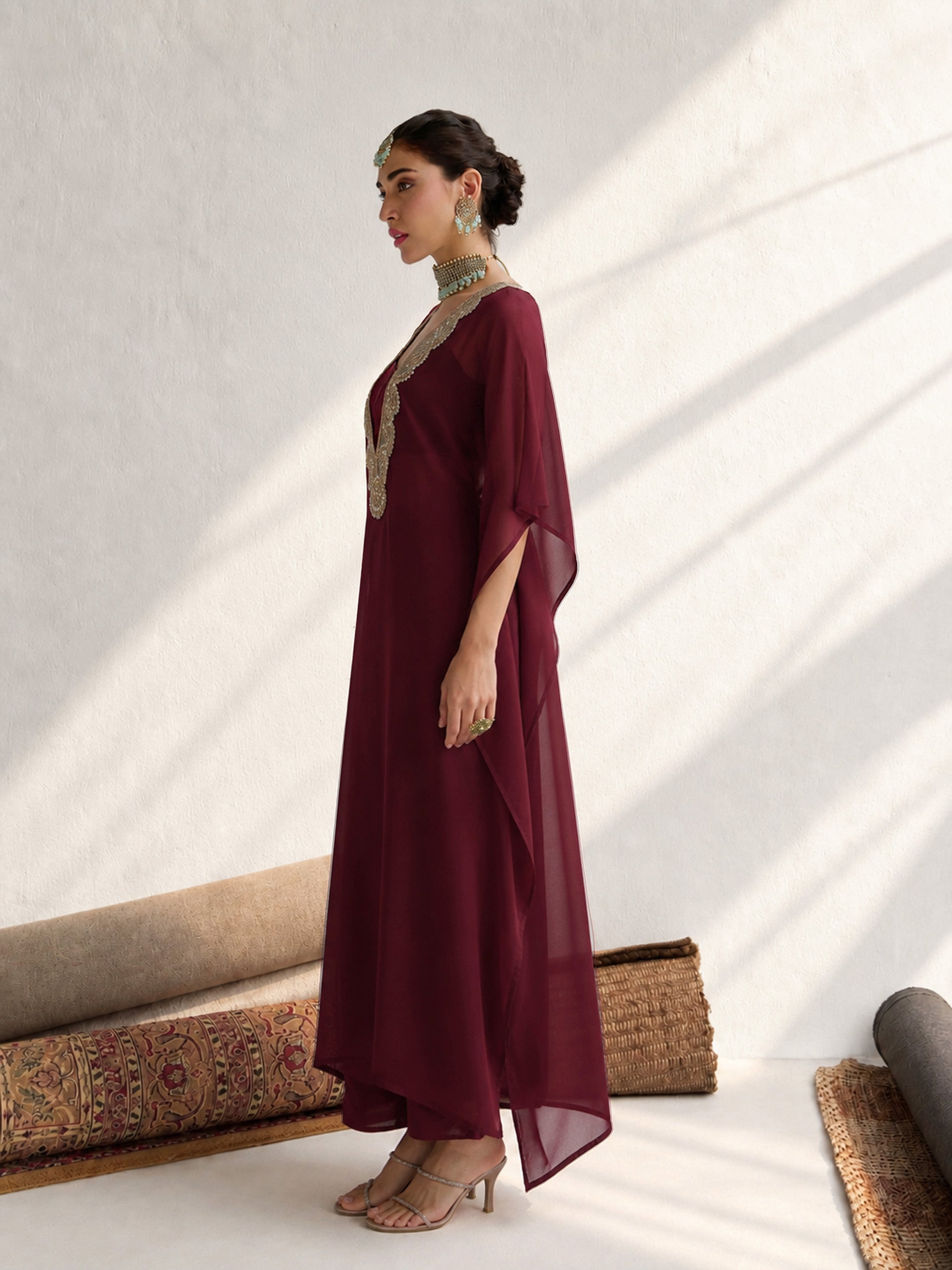 Women Maroon Embroidered Kaftan With Cami & Straight Pants