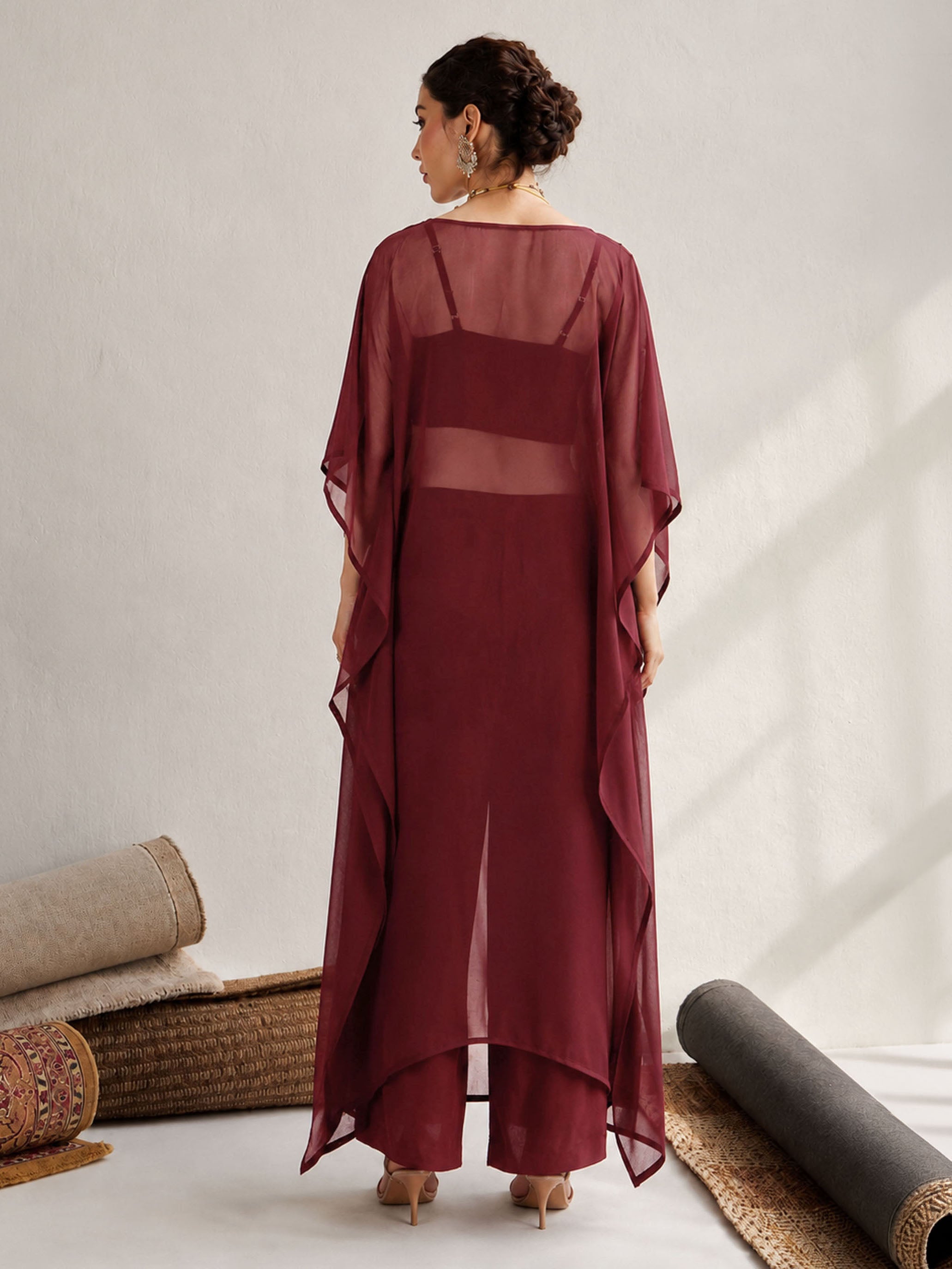 Women Maroon Embroidered Kaftan With Cami & Straight Pants