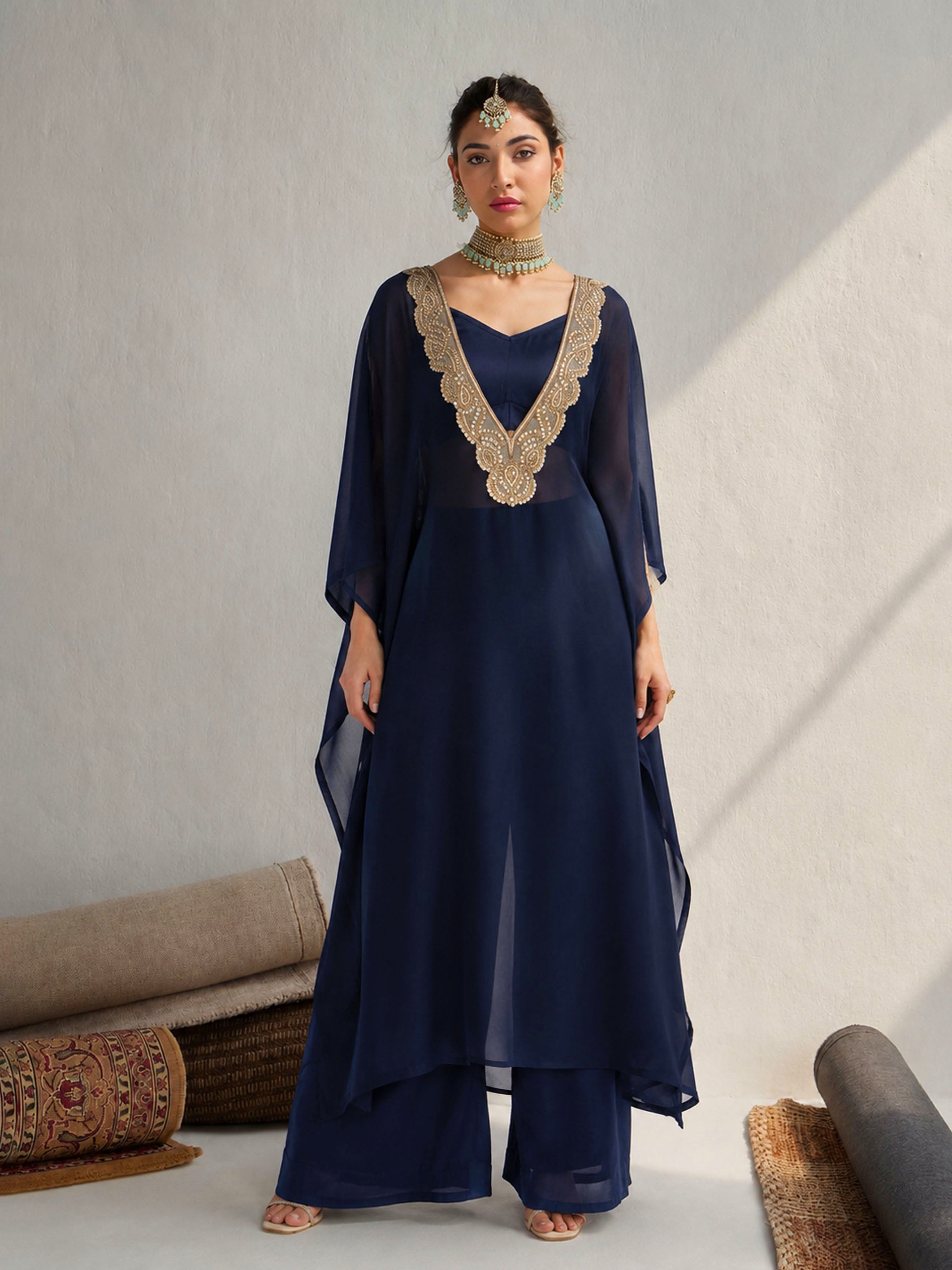 Women Navy Embroidered Kaftan With Cami & Straight Pants