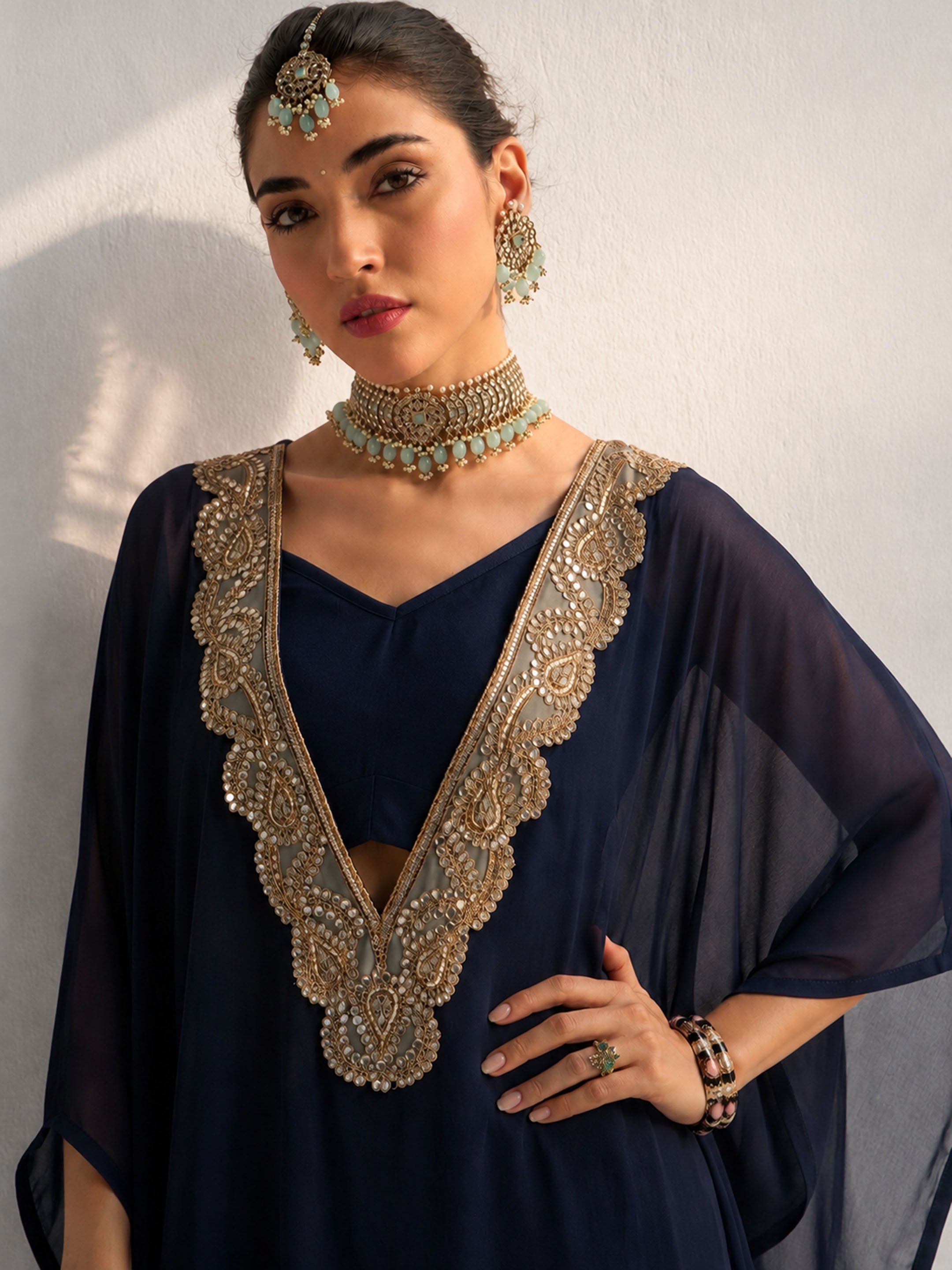 Women Navy Embroidered Kaftan With Cami & Straight Pants