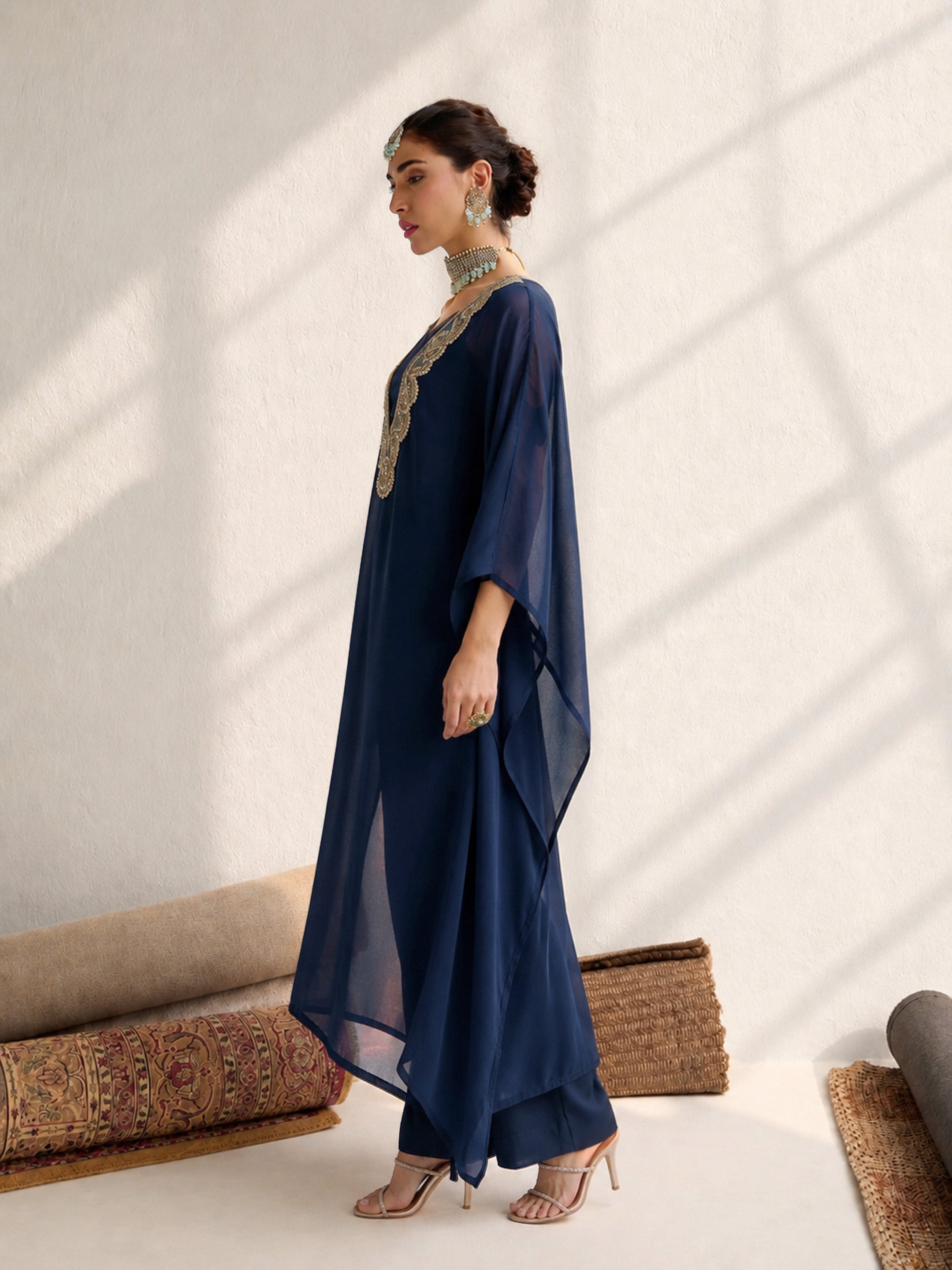 Women Navy Embroidered Kaftan With Cami & Straight Pants