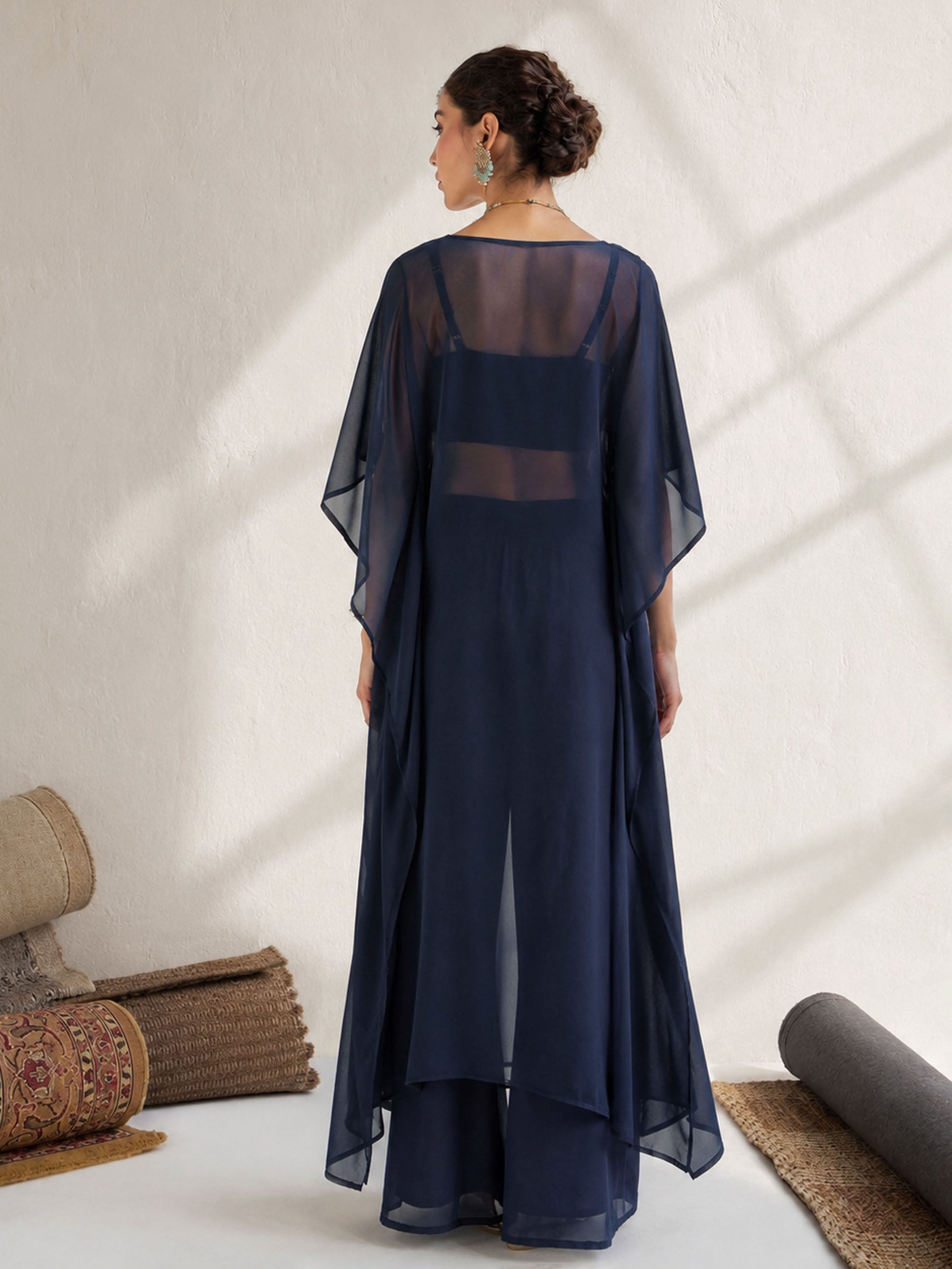 Women Navy Embroidered Kaftan With Cami & Straight Pants