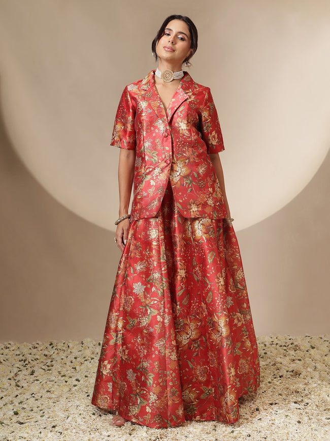 Women Maroon Floral Anarkali Skirt With Blazer