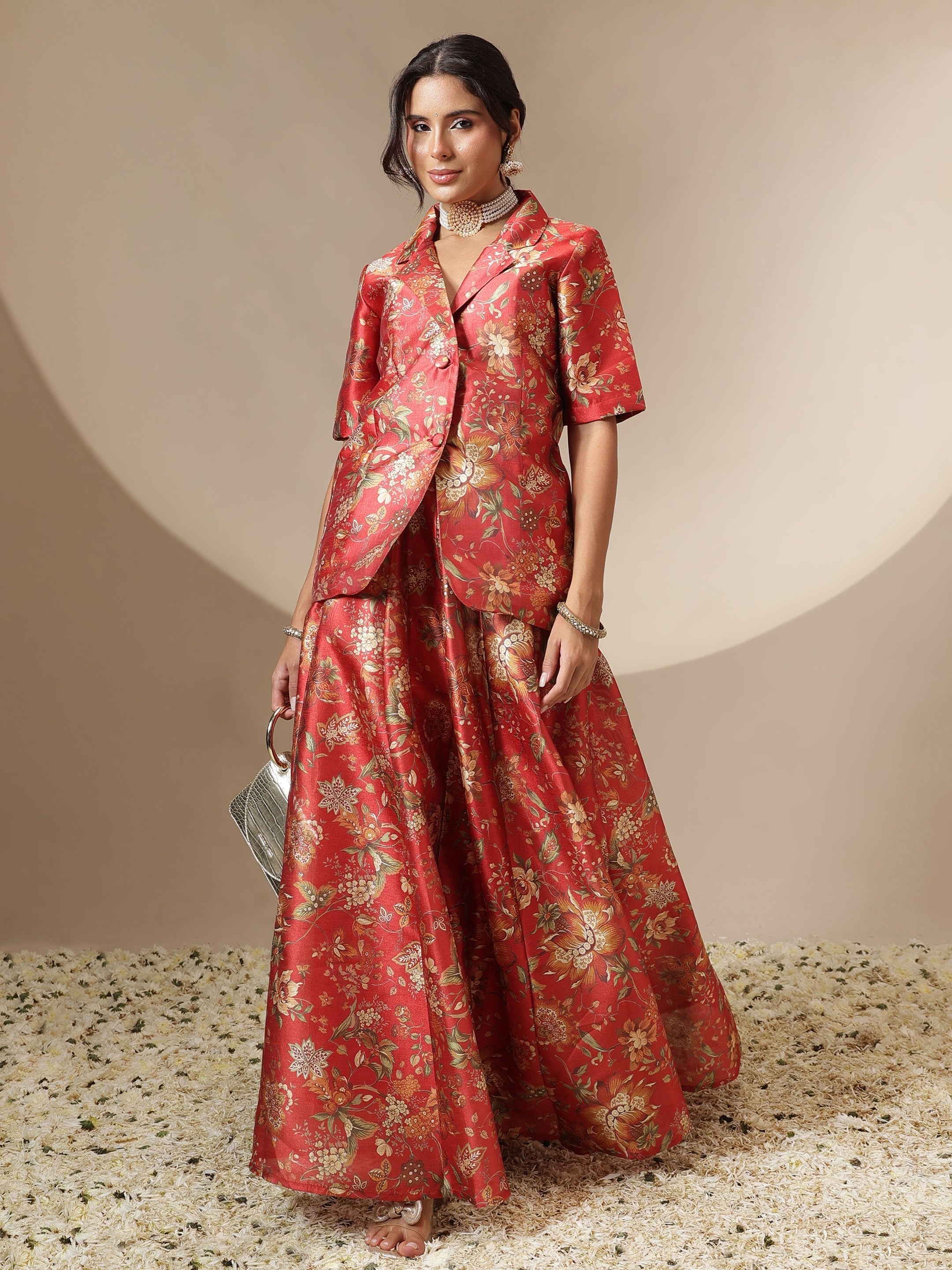 Women Maroon Floral Anarkali Skirt With Blazer