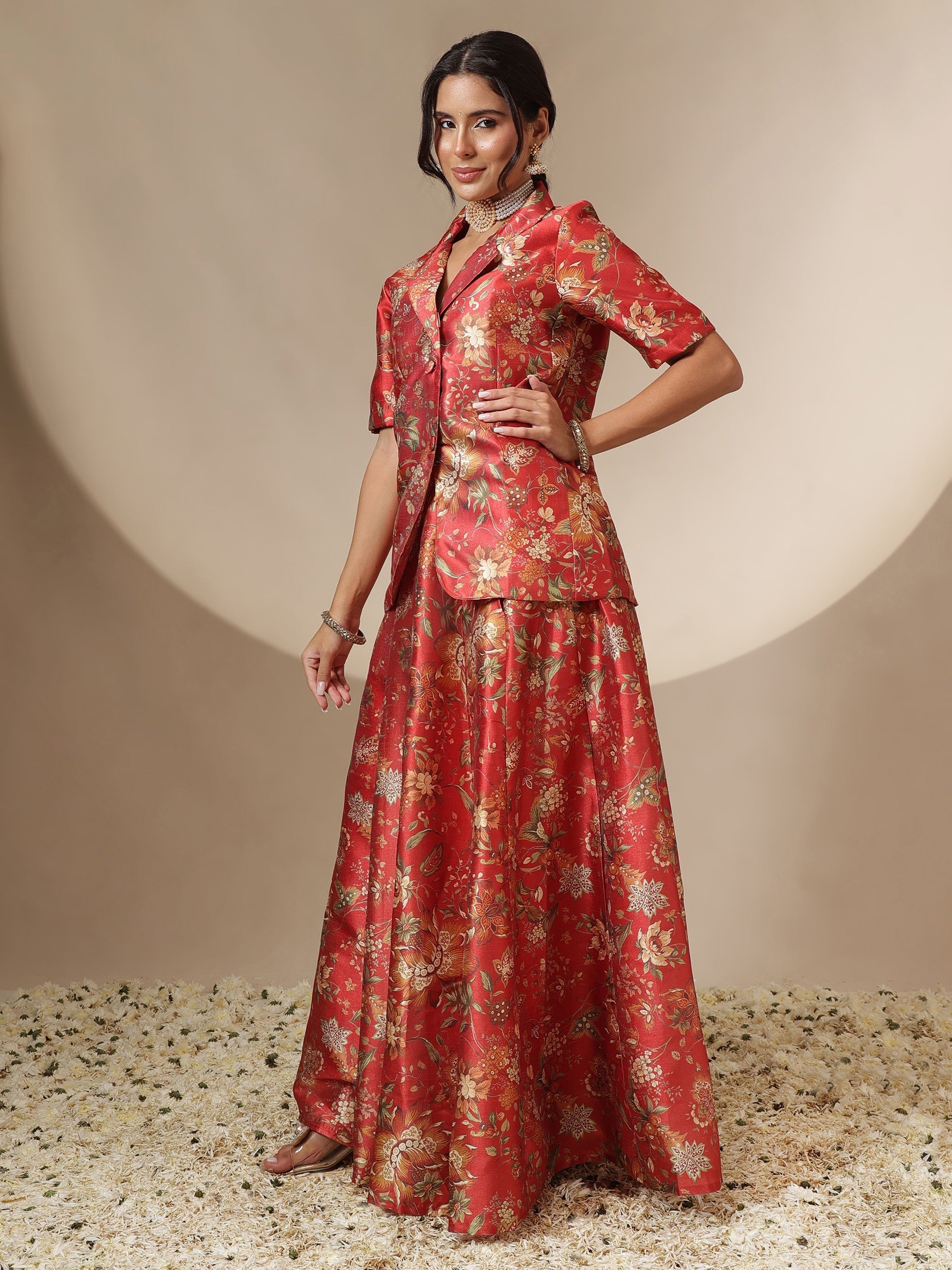 Women Maroon Floral Anarkali Skirt With Blazer