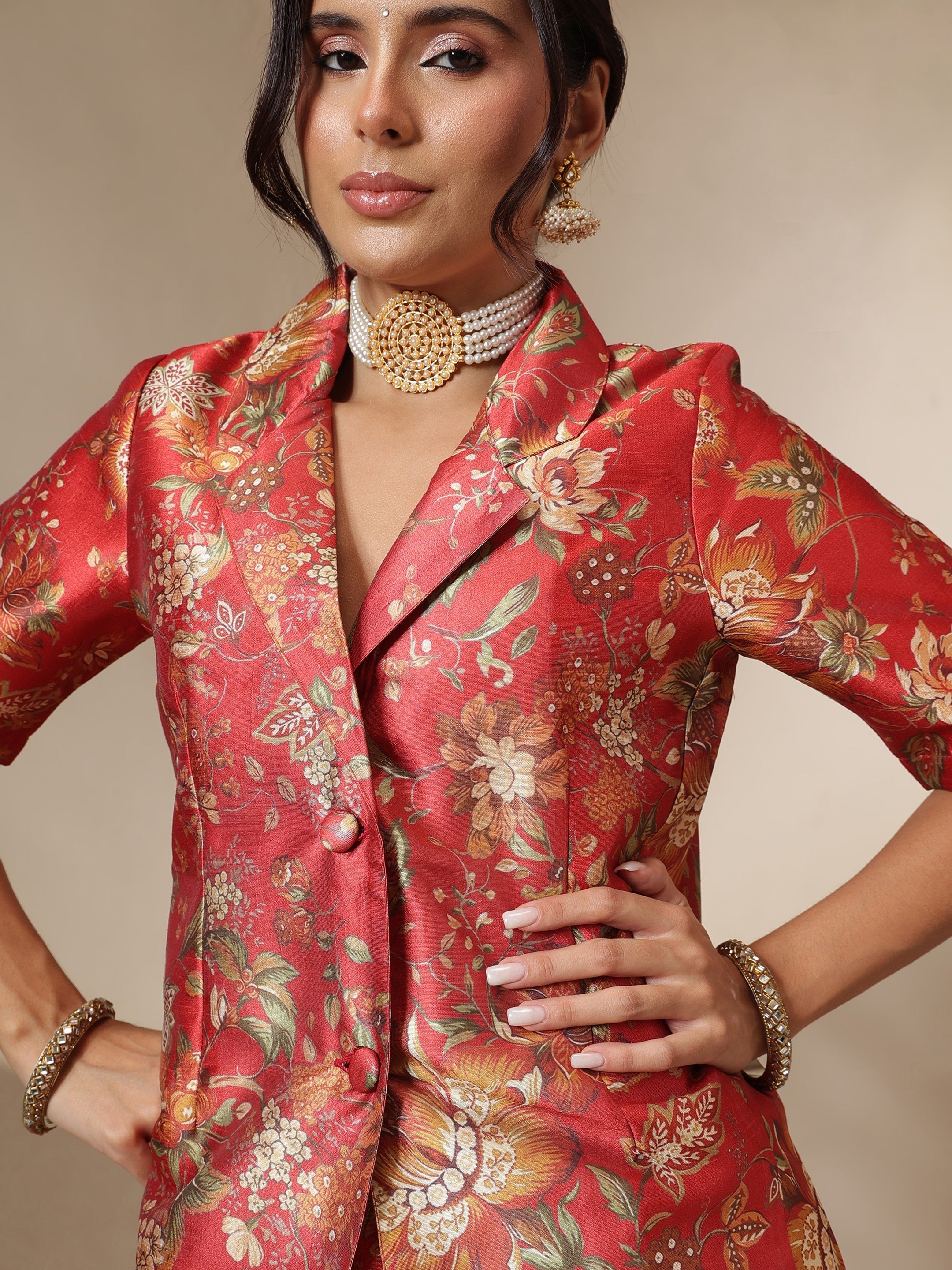Women Maroon Floral Anarkali Skirt With Blazer