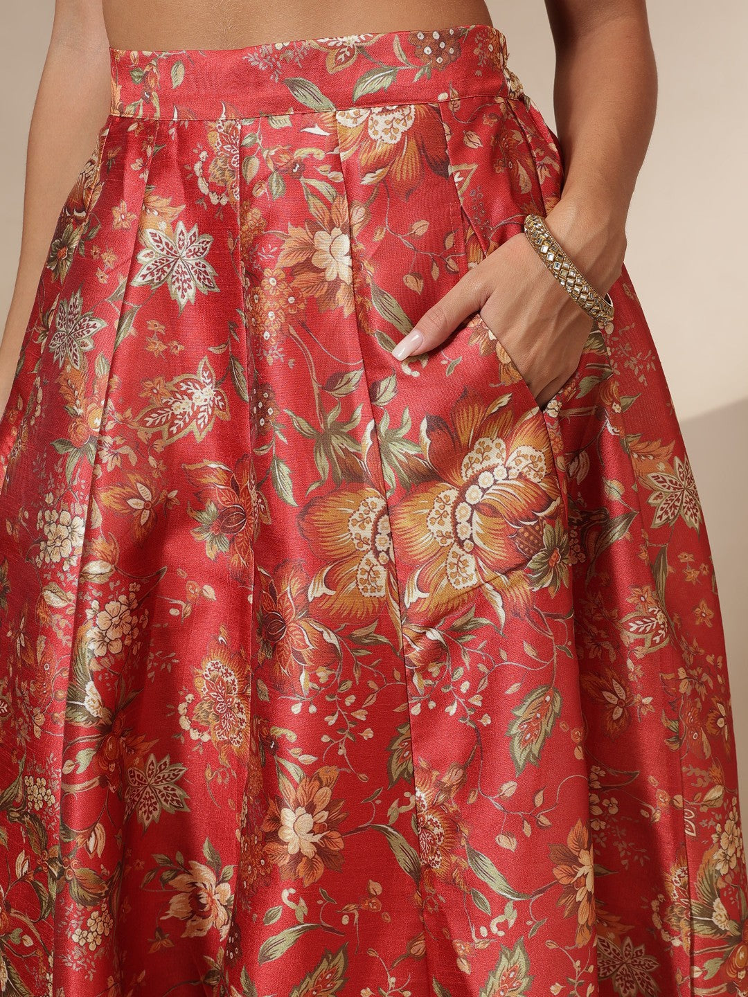 Women Maroon Floral Anarkali Skirt With Blazer