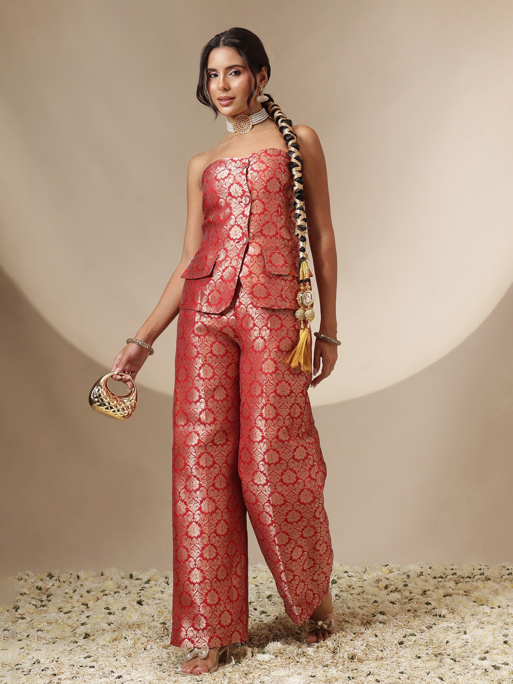 Women Red Brocade Corset Top With Straight Pants
