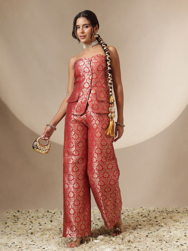 Women Red Brocade Corset Top With Straight Pants