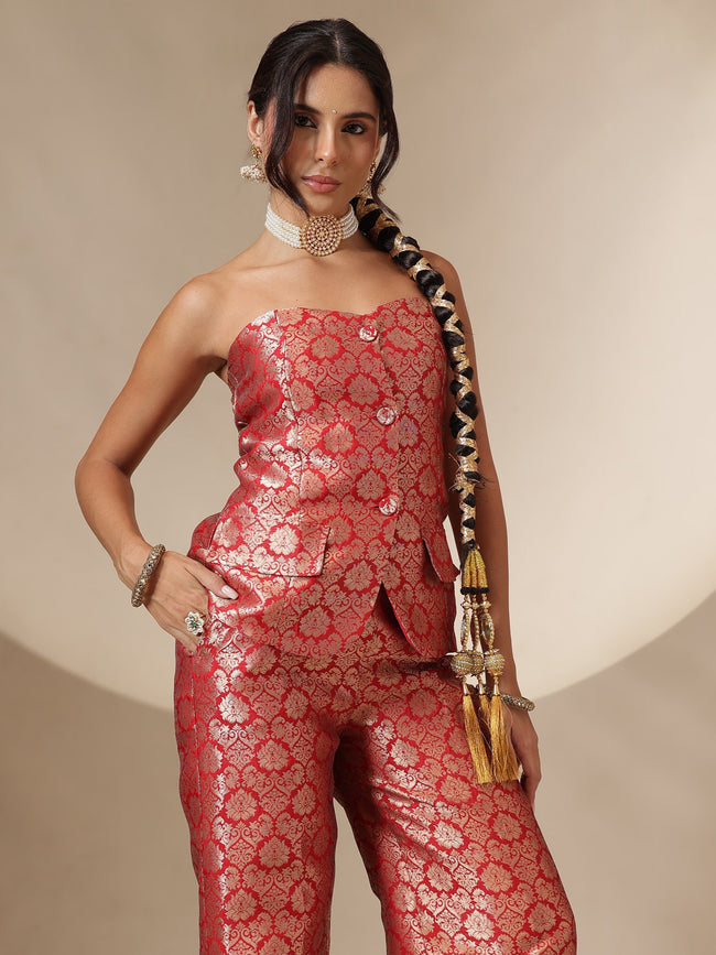 Women Red Brocade Corset Top With Straight Pants
