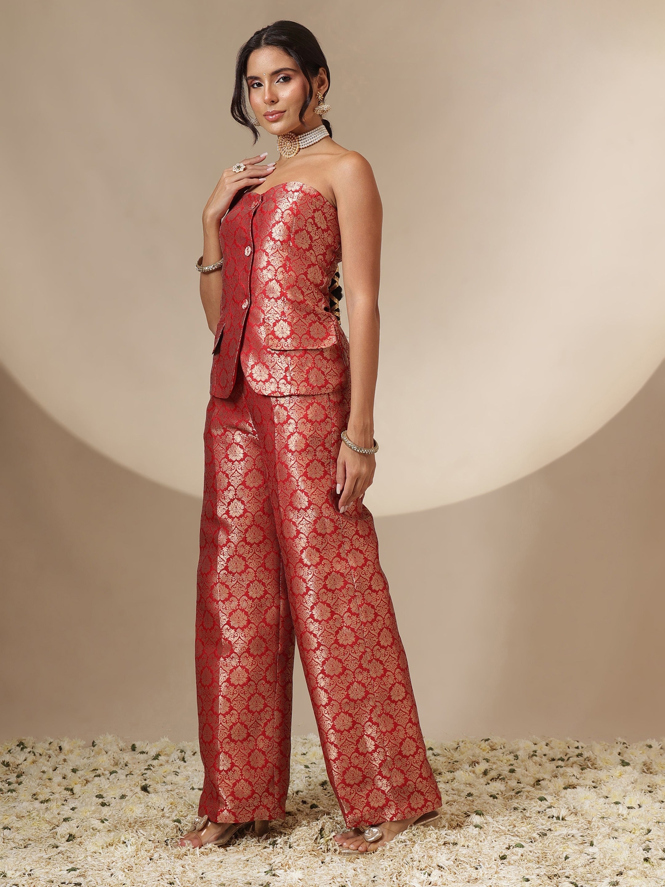 Women Red Brocade Corset Top With Straight Pants