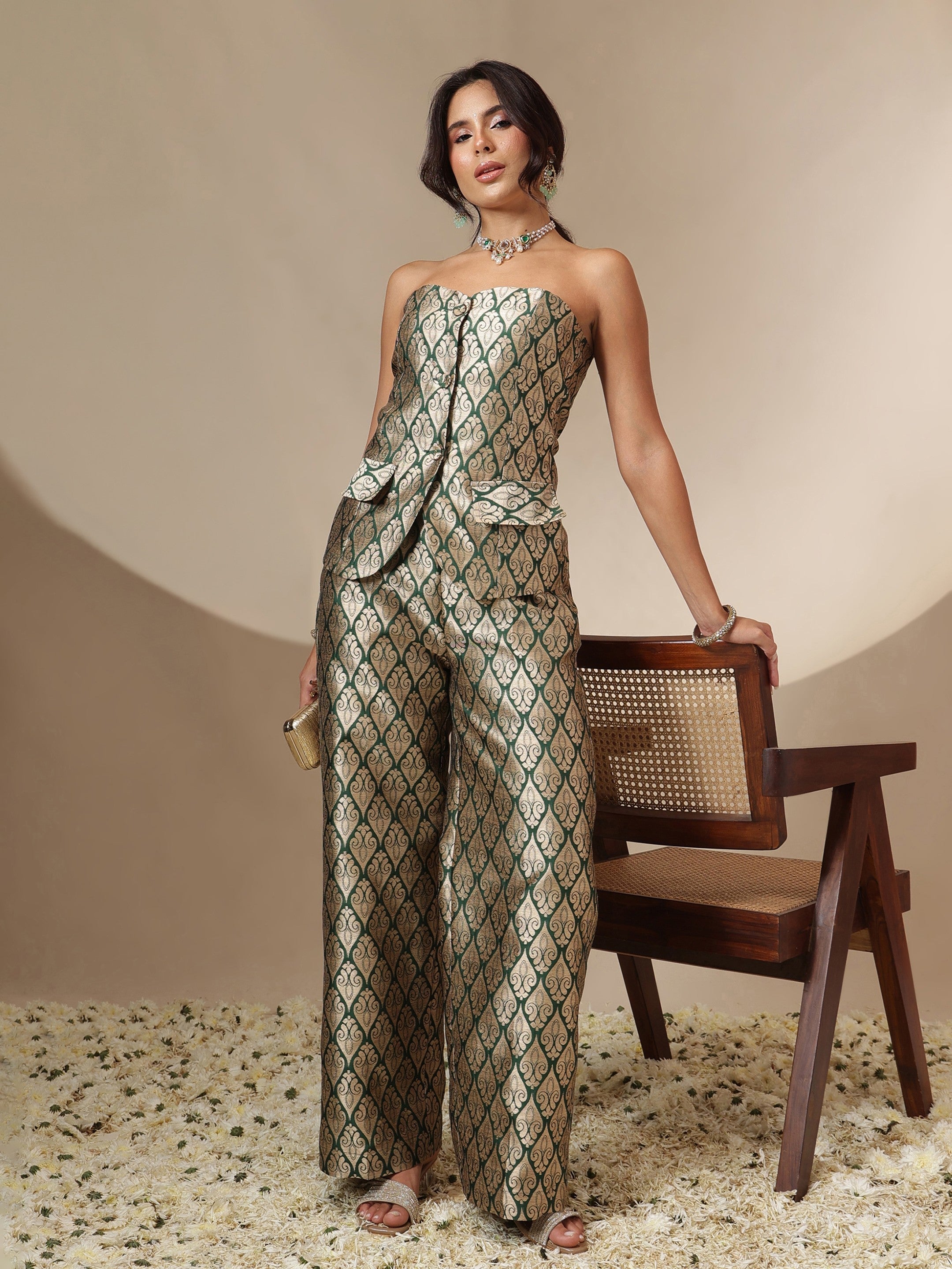 Women Emerald Green Brocade Corset Top With Straight Pants
