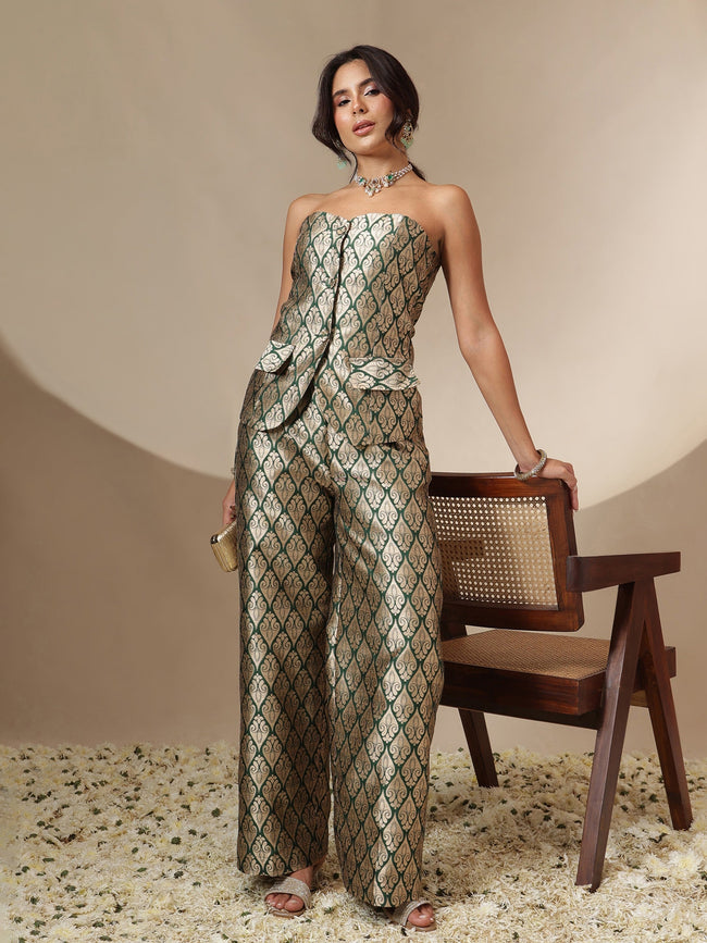Women Emerald Green Brocade Corset Top With Straight Pants