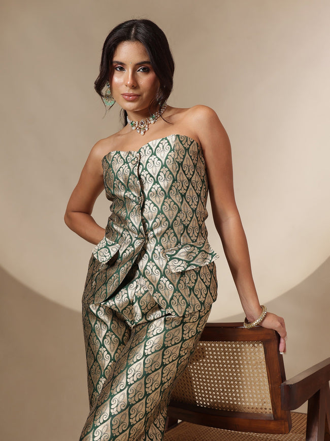 Women Emerald Green Brocade Corset Top With Straight Pants