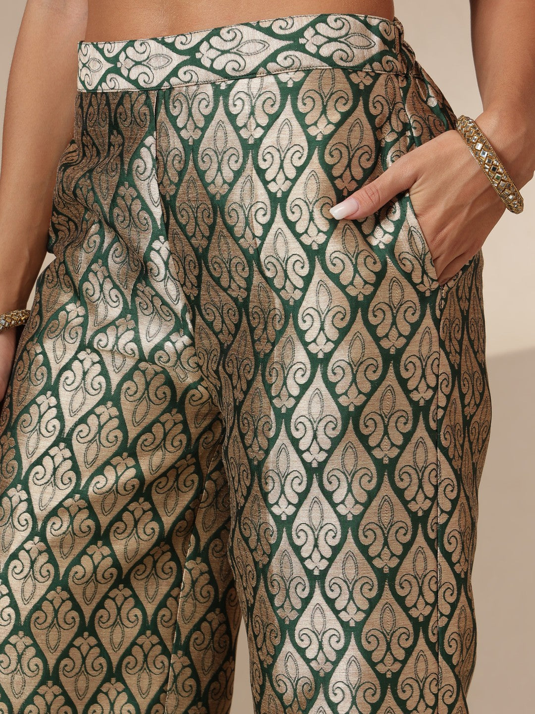 Women Emerald Green Brocade Corset Top With Straight Pants